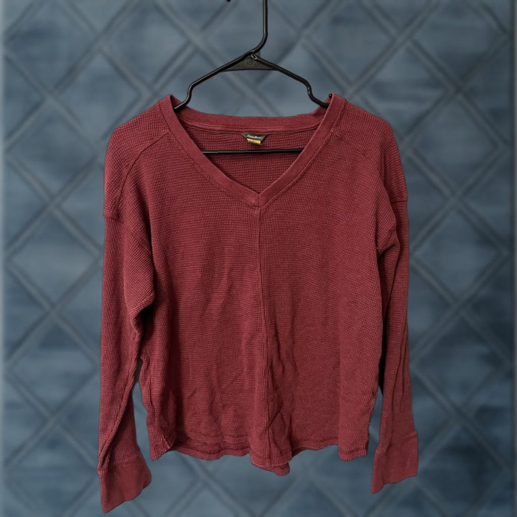 Eddie Bauer Eddie Bauer Sweater Womens Large Red Waffle-Knit V-Neck Pullover Long Sleeve Casual Outdoor Size L / US 10 / IT 46 - 1 Thumbnail