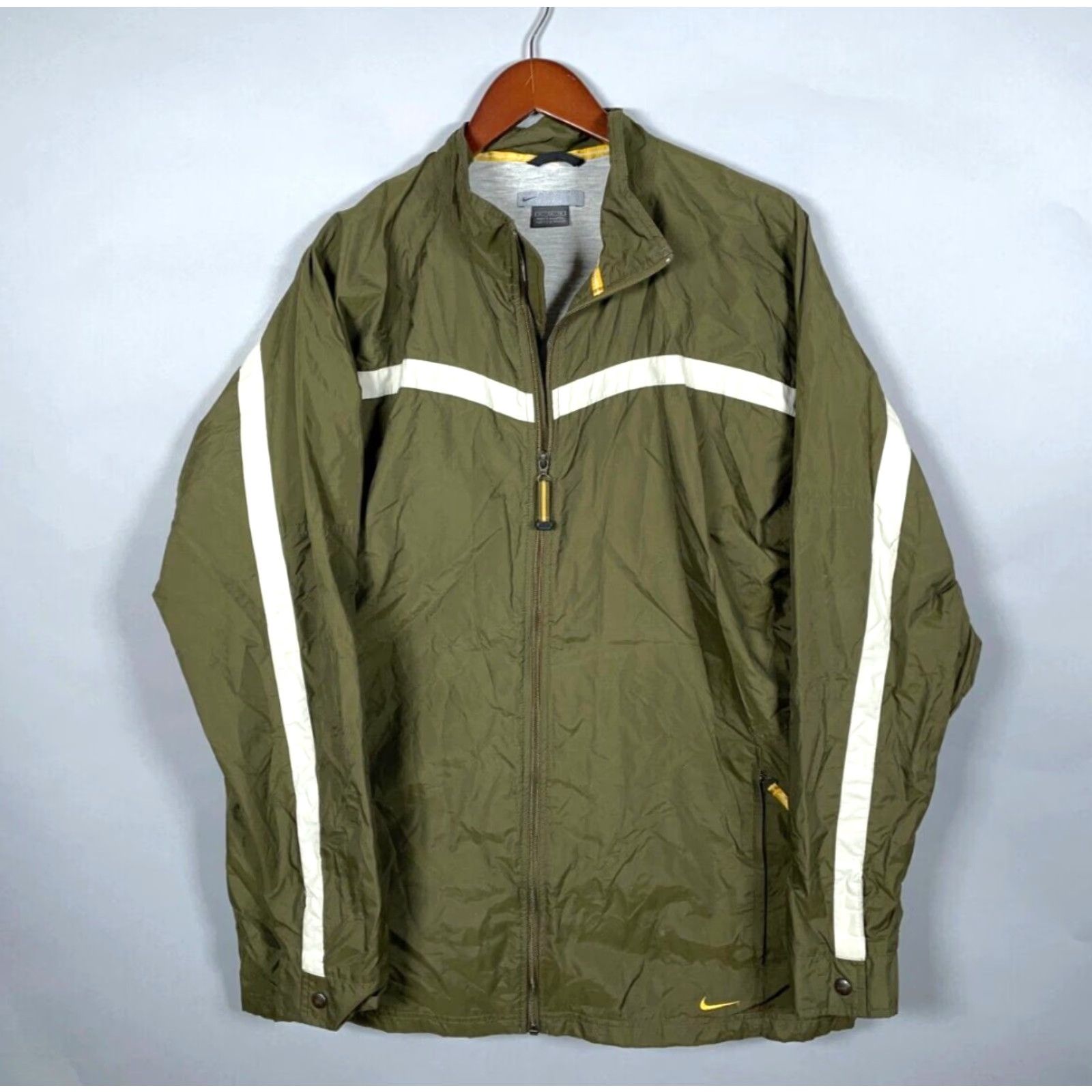 Nike VINTAGE Nike Windbreaker Jacket XL Olive Green Gray Stripe Lined Adult Mens Zip Full Zip Pockets 90s Hip Hop Retro Size US XL / EU 56 / 4 - 2 Thumbnail