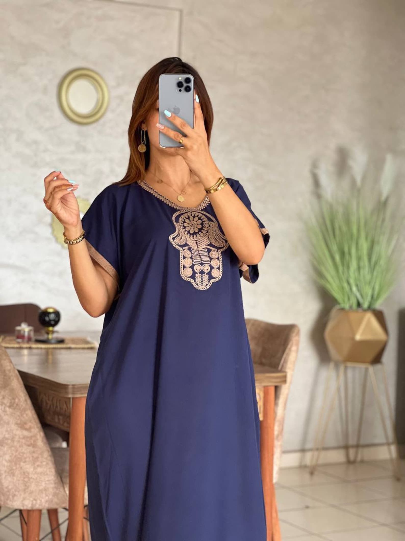 Designer × Handmade Dark Blue Moroccan Kaftan Size ONE SIZE - 1 Thumbnail