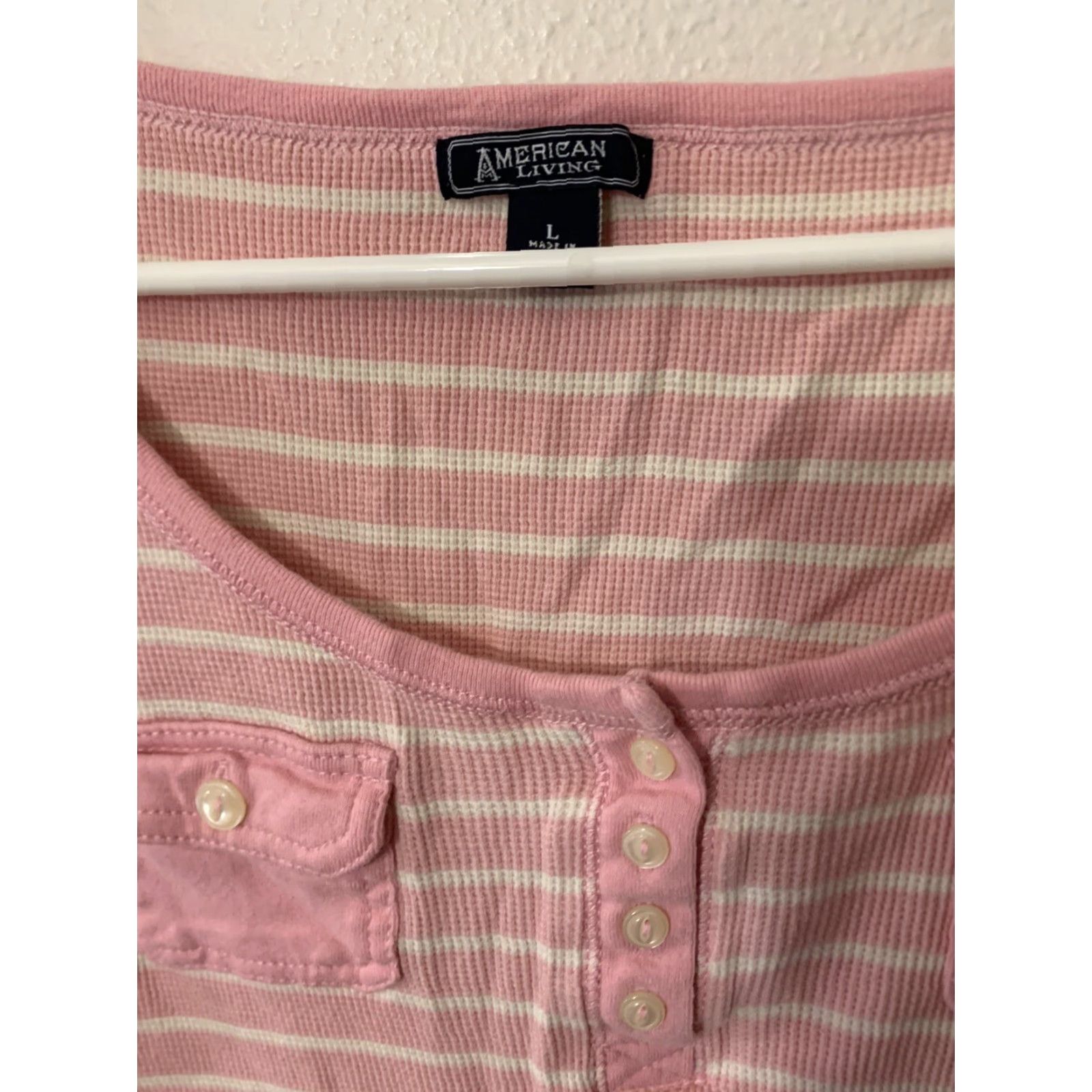 Vintage VINTAGE American Living Women Shirt L Pink White Striped Pocket Long Sleeve Henley Size L / US 10 / IT 46 - 2 Thumbnail