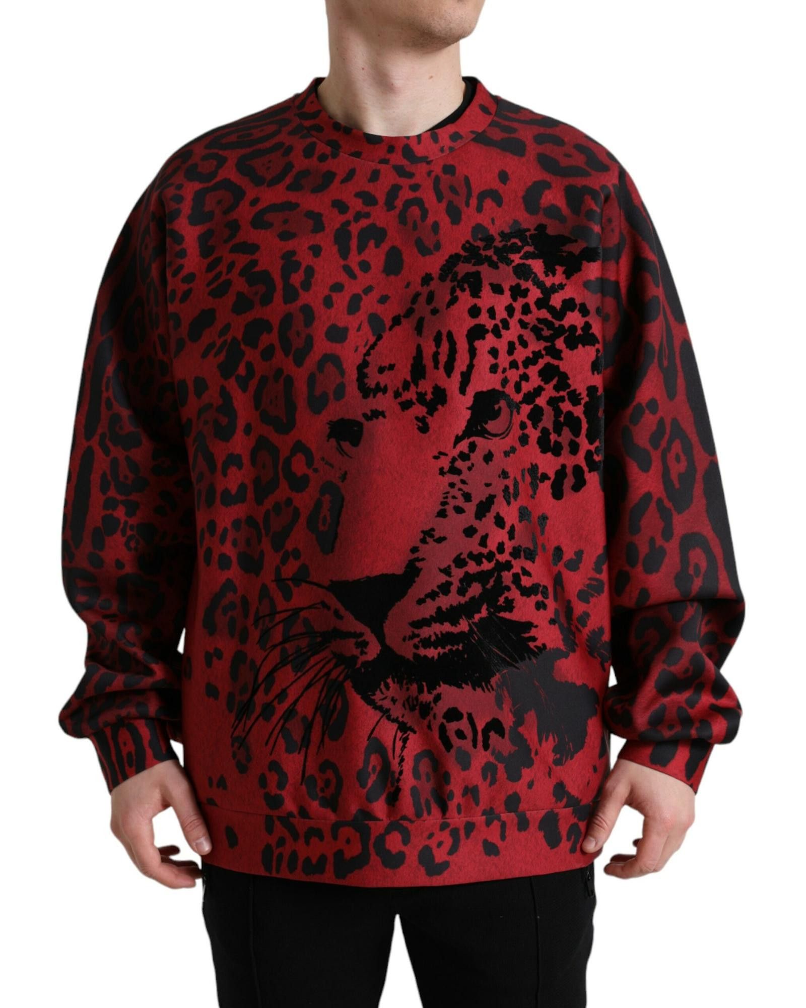 Image of Dolce Gabbana Leopard Print Crewneck Sweater in Red, Men's (Size XL)