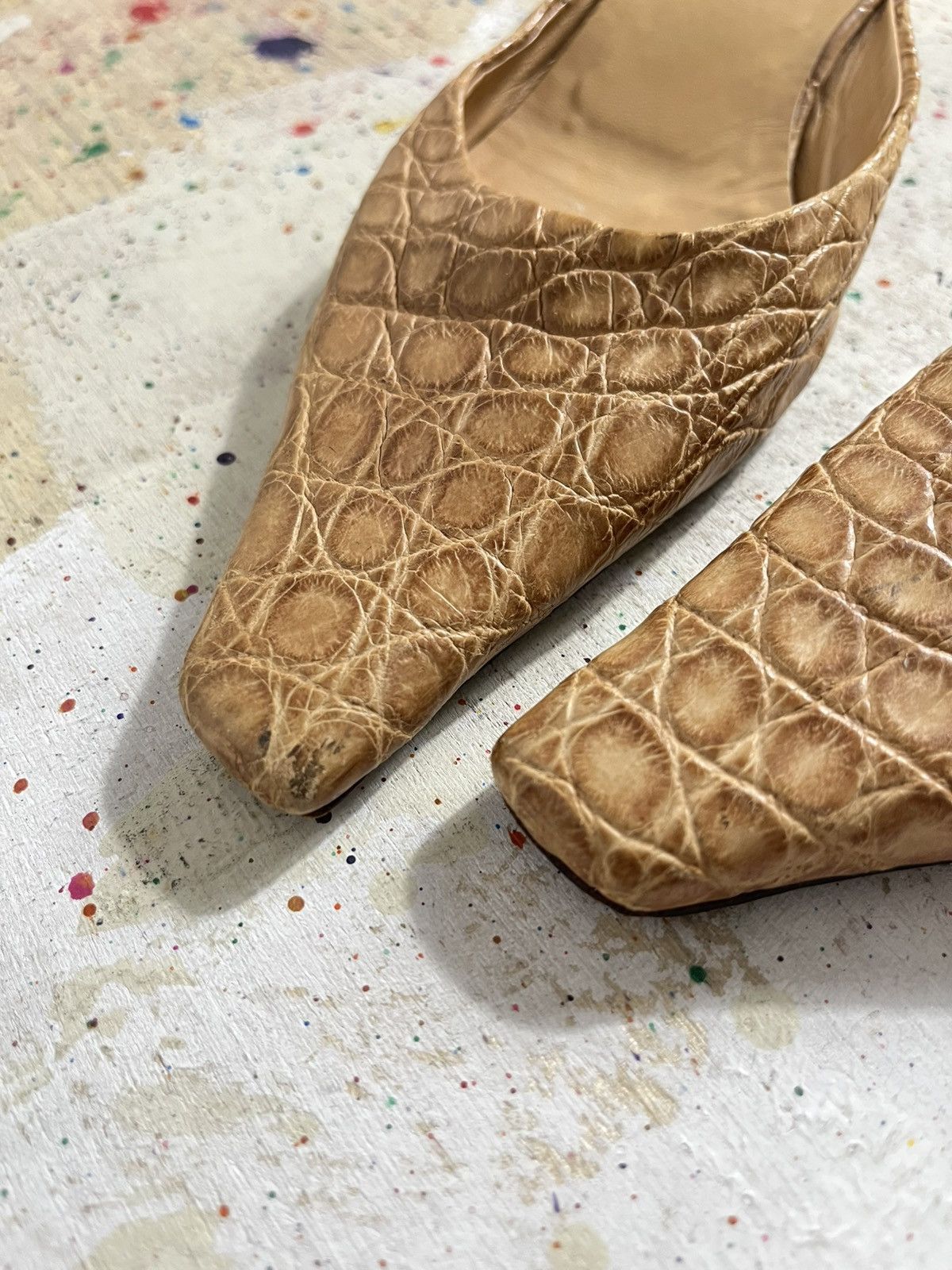 Prada Prada Tan Leather Crocodile Pattern Mules Size US 7 / IT 37 - 3 Thumbnail