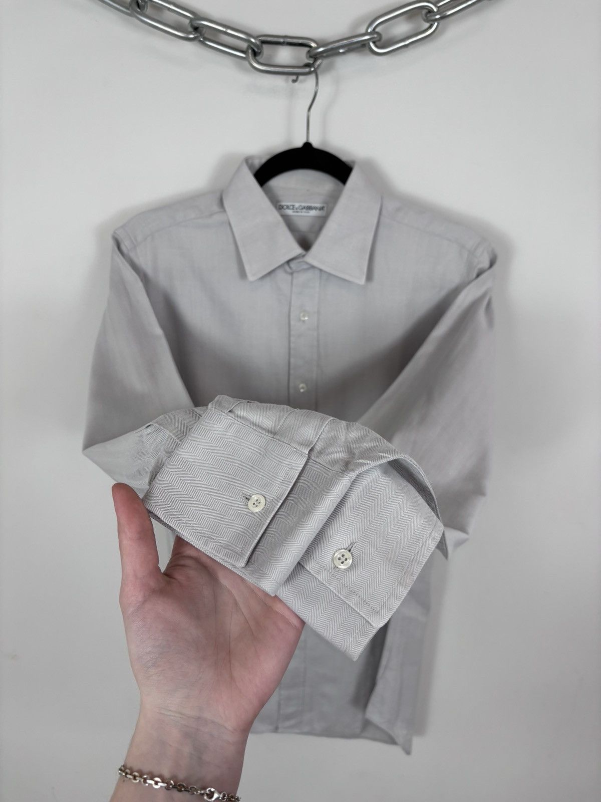 Dolce & Gabbana Dolce & Gabbana Men’s Herringbone Grey Button Up Shirt Size US L / EU 52-54 / 3 - 7 Thumbnail
