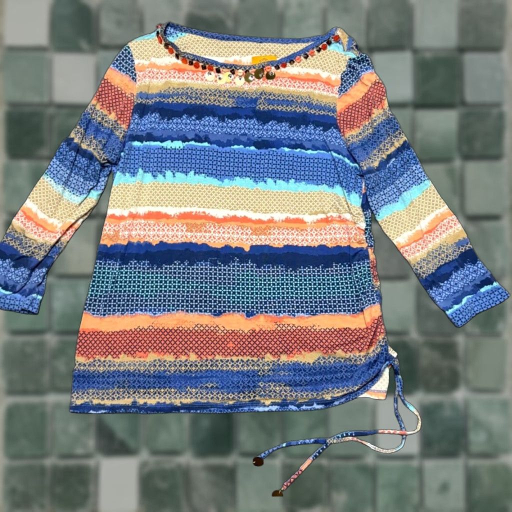 Vintage Ruby Rd. Top Womens P M Petite Medium Blue Long Sleeve Beaded Shirt Rayon blend Blouse Size M / US 6-8 / IT 42-44 - 1 Thumbnail