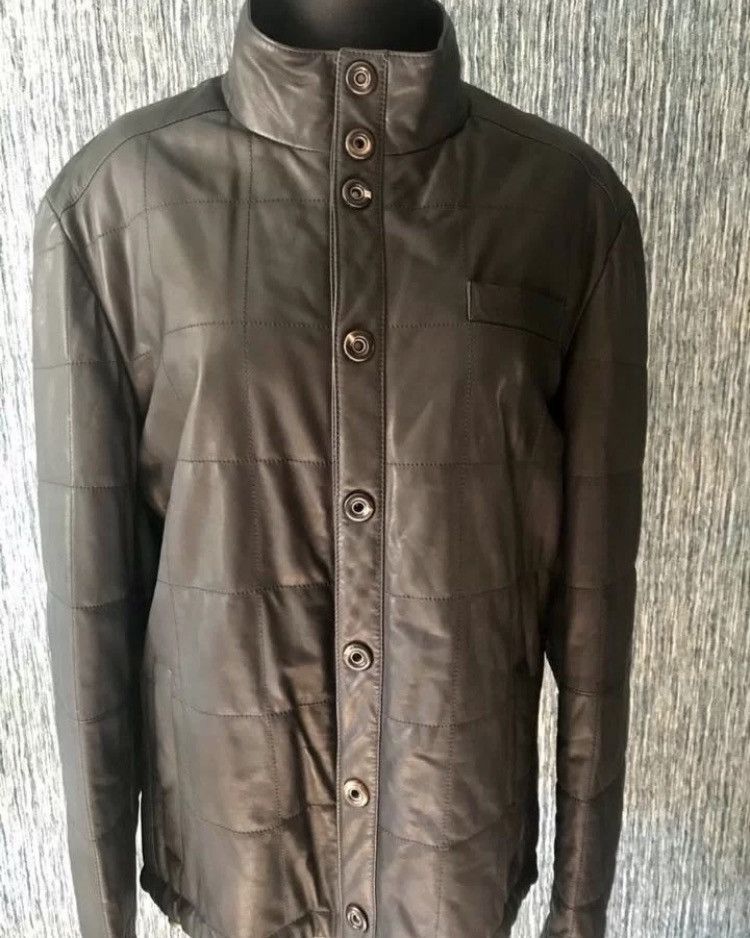 image of Brunello Cucinelli Leather Biker Pin Button Detail Jacket in Grey, Men's (Size 2XL)