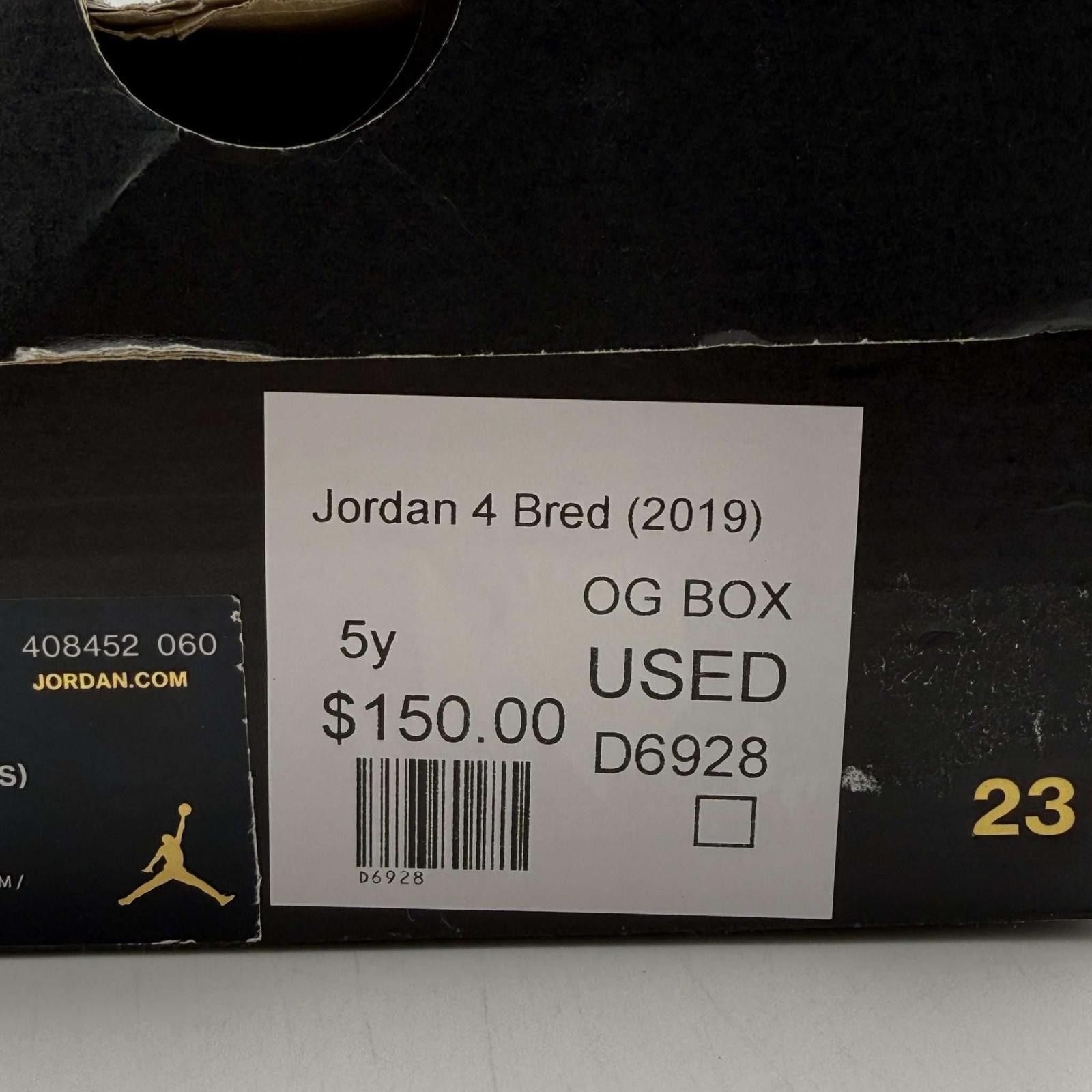 Jordan Brand Air Jordan 4 Retro Bred 2019 Black Red 5Y Used with Box Size US 5 / EU 37 - 9 Thumbnail