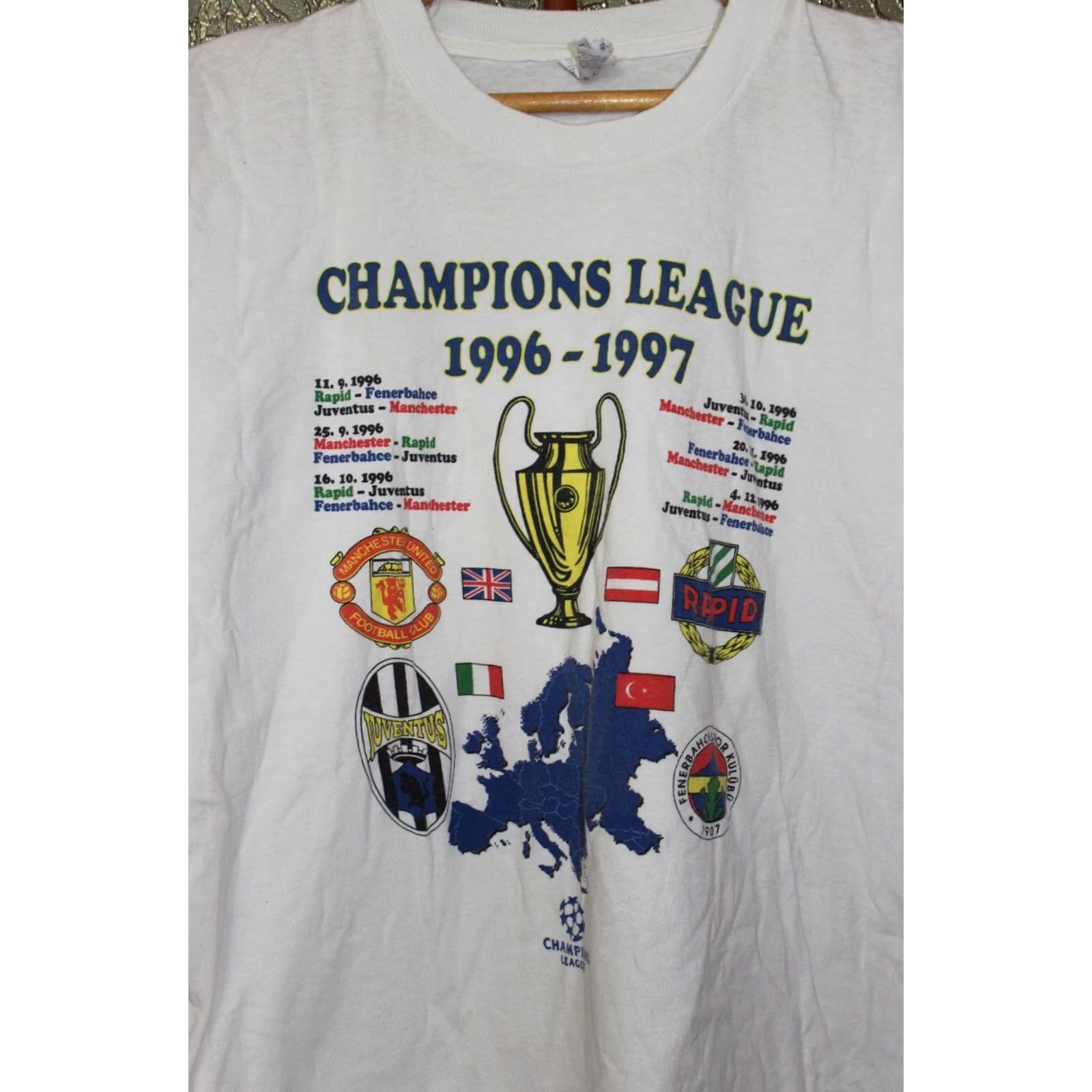 Vintage VINTAGE Screen Stars Champions League Football Jersey T-shirt L Unisex Adults Shirt White Multi 1996-1997 Mens Womens Boys Girls Size US L / EU 52-54 / 3 - 3 Thumbnail