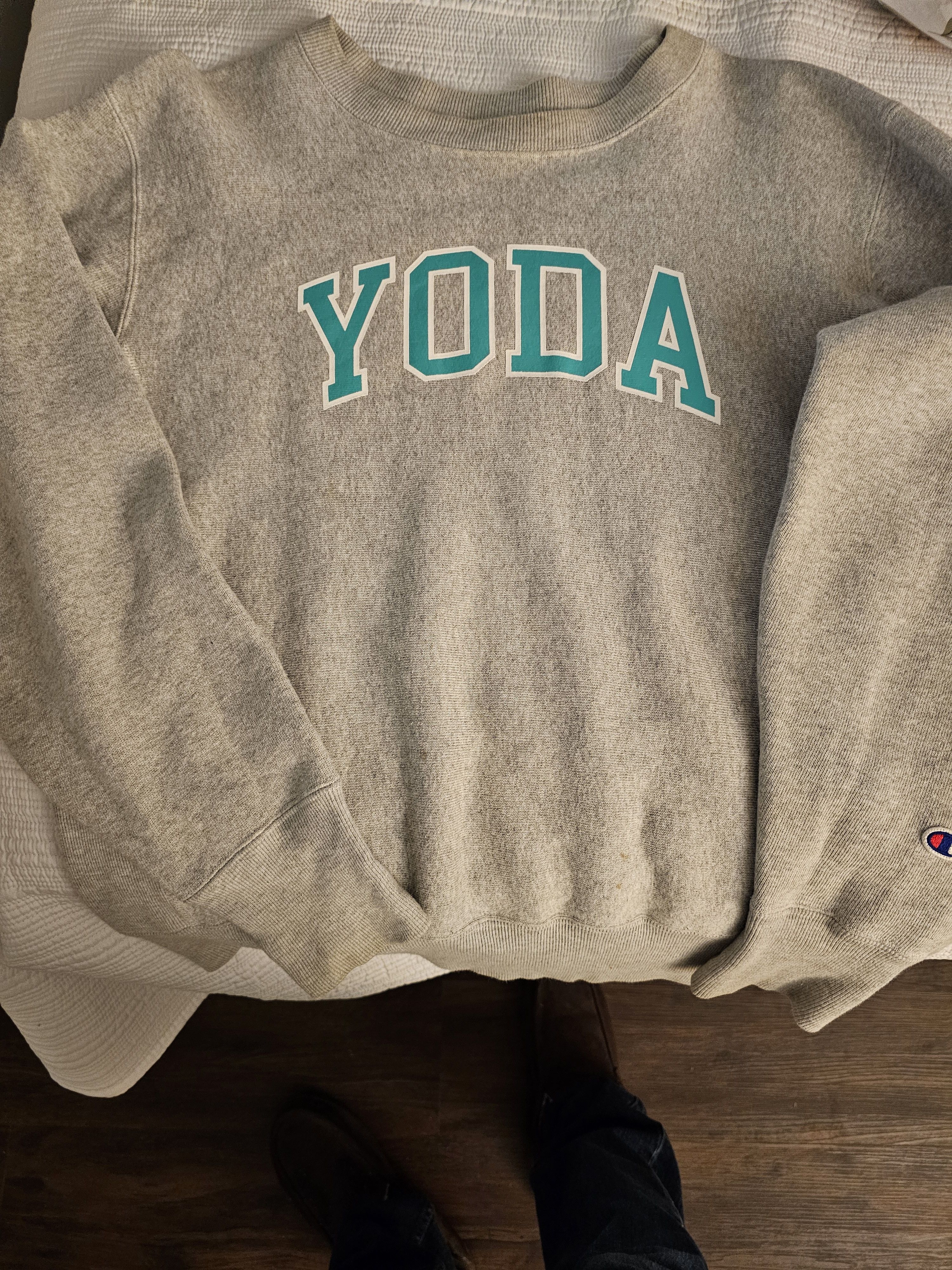 image of Beams Plus x Champion Yoda Crewneck in Grey, Men's (Size Large)