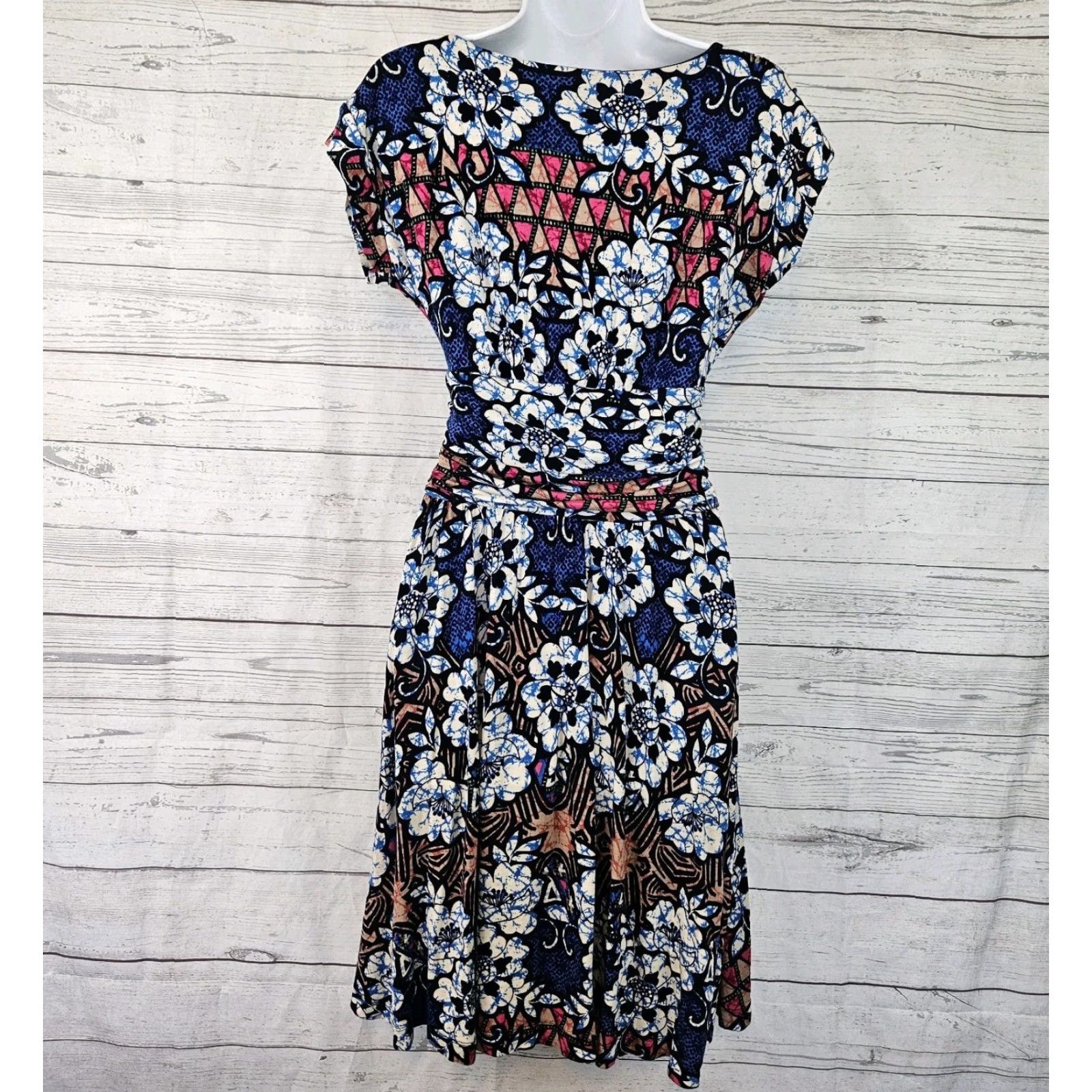 Vintage Meadow Rue Womens Dress XS Blue Floral Rayon Scoop Neck Short Sleeve Knee Length Size XS / US 0-2 / IT 36-38 - 3 Thumbnail