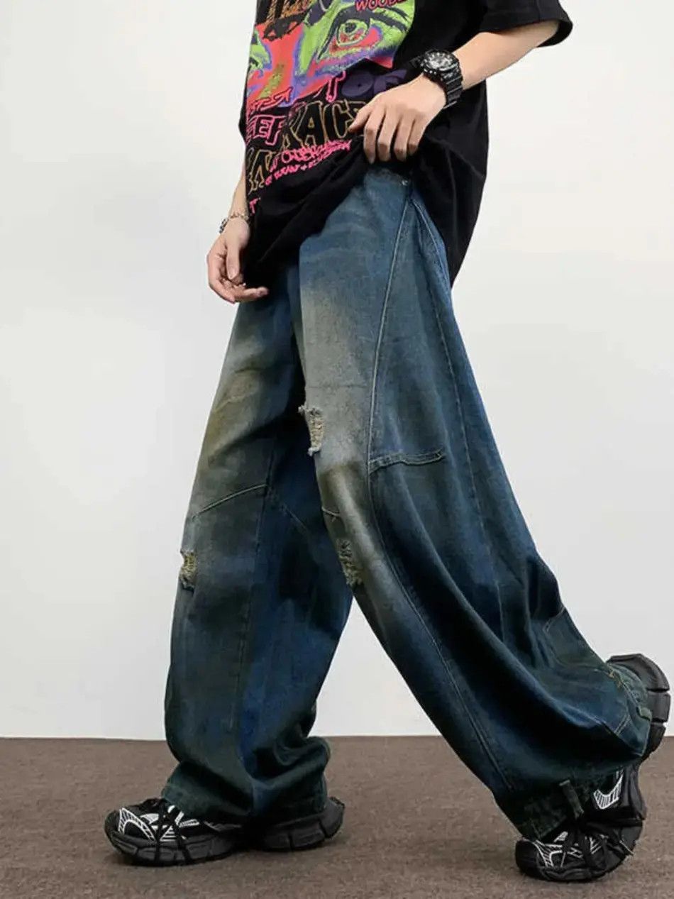 Japanese Brand Retro loose and distressed wide leg straight leg jeans Size US 32 / EU 48 - 2 Thumbnail