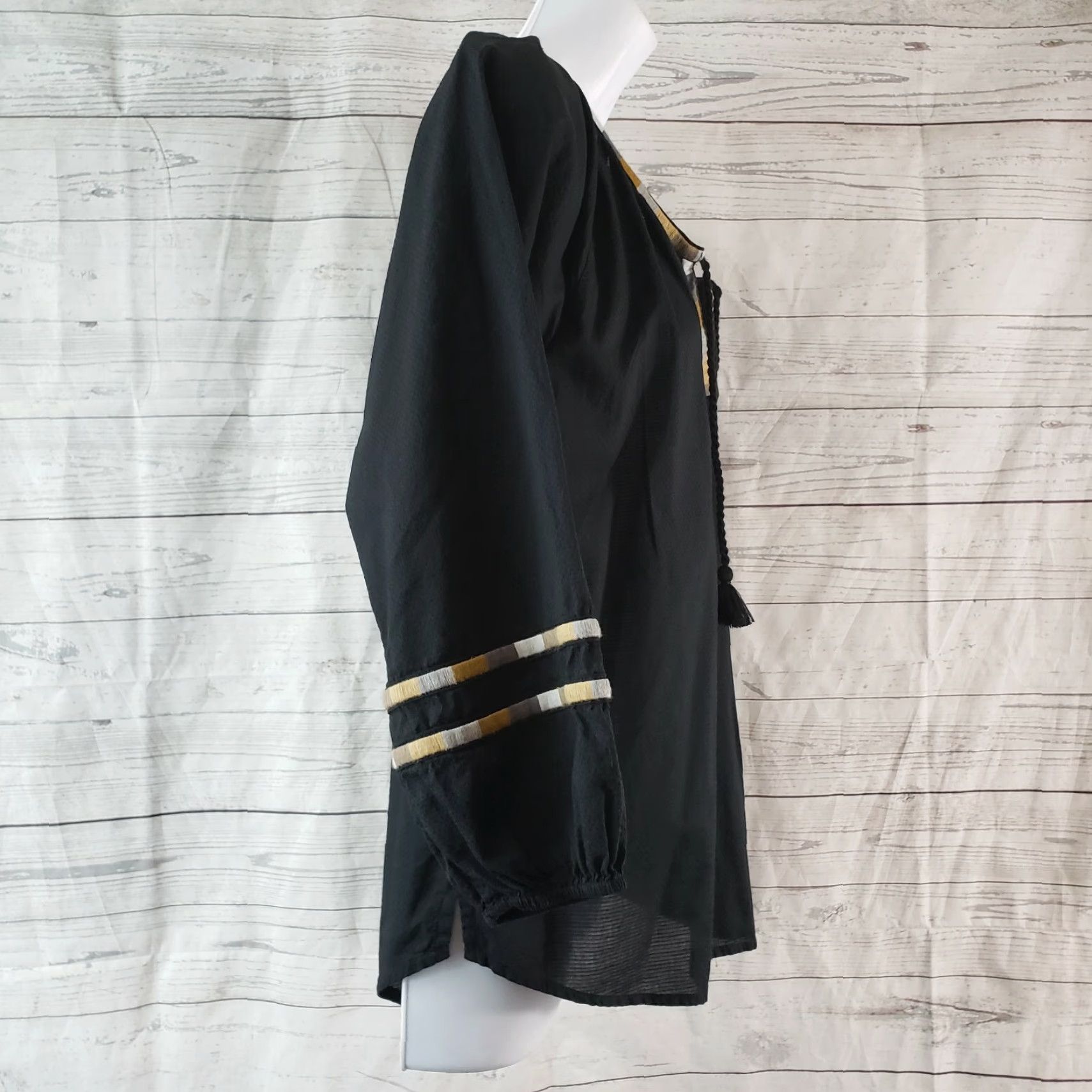 Prana prAna Womens Atlantis top Blouse 3/4 Sleeve V-Neck Cotton Embroidered Tassels Black M Womens Size M / US 6-8 / IT 42-44 - 3 Thumbnail
