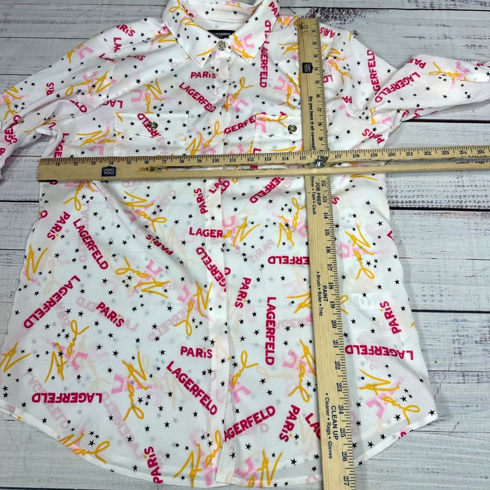 Karl Lagerfeld Karl Lagerfeld Womens Blouse M White Roll Tab Sleeve Button Front All Over Print Size M / US 6-8 / IT 42-44 - 2 Thumbnail