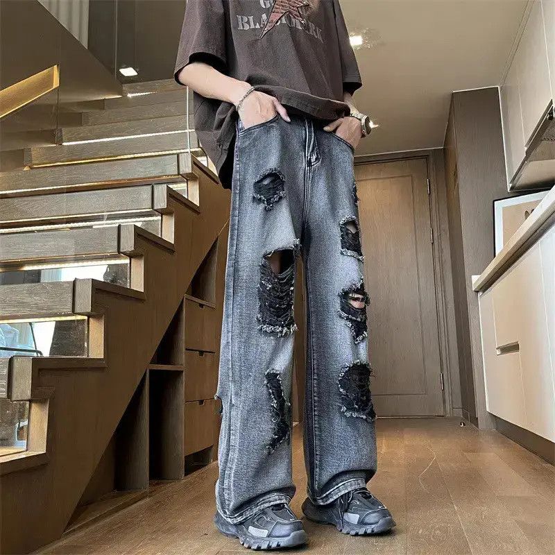 Japanese Brand Retro loose wide leg straight leg ripped jeans Size US 32 / EU 48 - 2 Thumbnail
