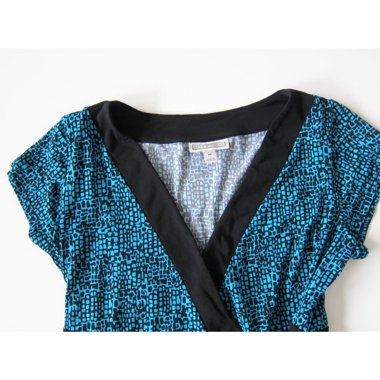 Vintage Dana Buchman Blue Black Polka Dot Stretch Short Sleeve Wrap Dress Women Medium Size 32" / US 10 / IT 46 - 3 Thumbnail