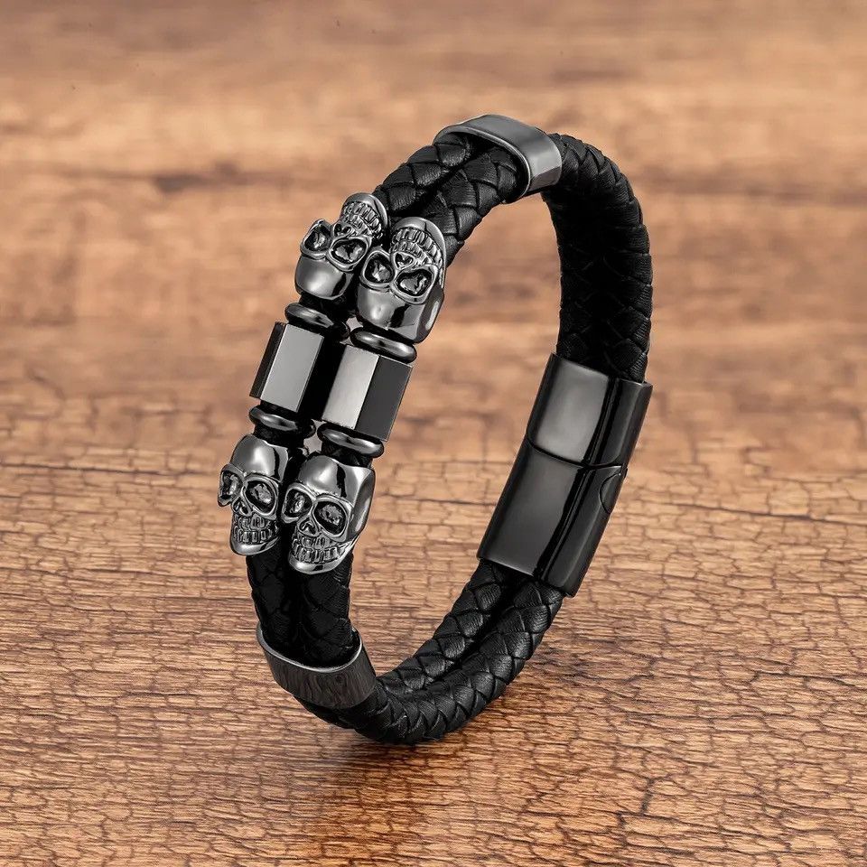 Jewelry Stainless Steel Charm Magnetic Black Leather Bracelet Size ONE SIZE - 1 Preview