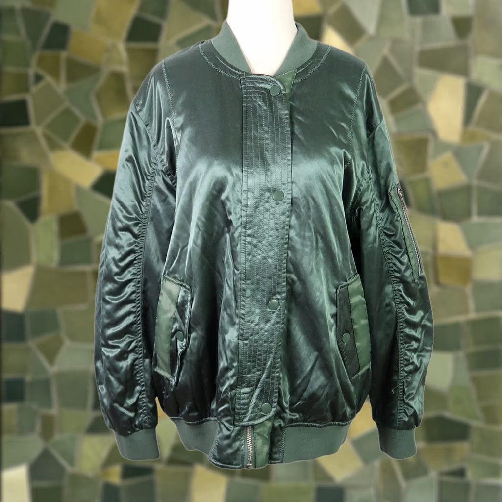 Asos ASOS Dark Green Satin Bomber Jacket Women US 8 Size Regular Zip Snap Closure Long Sleeve Polyester Satin Jacket Fall Spring Casual Size M / US 6-8 / IT 42-44 - 1 Thumbnail