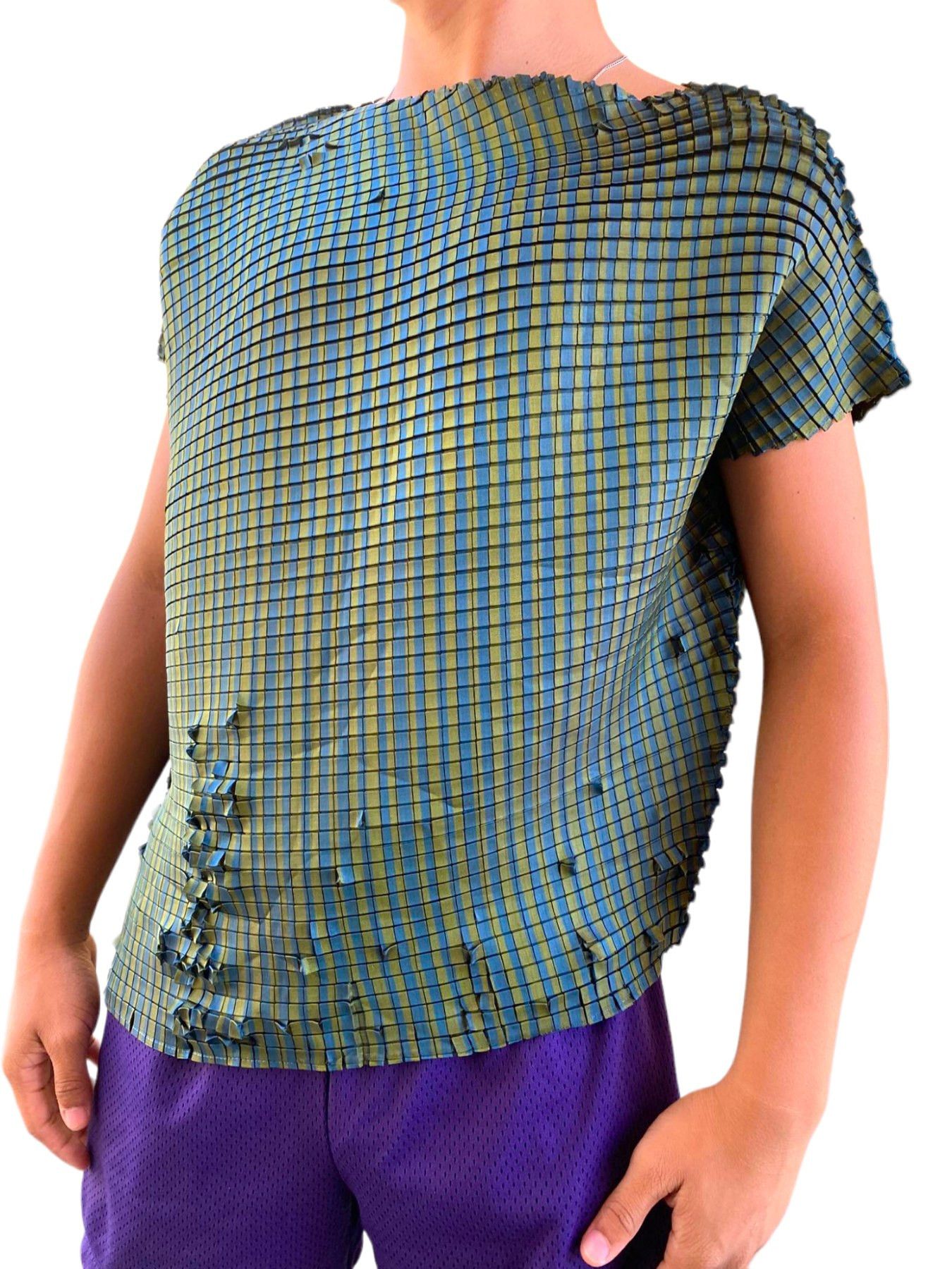image of Issey Miyake Mainline – Green Asymmetrical Blouse in Metallic Green, Women's (Size XS)