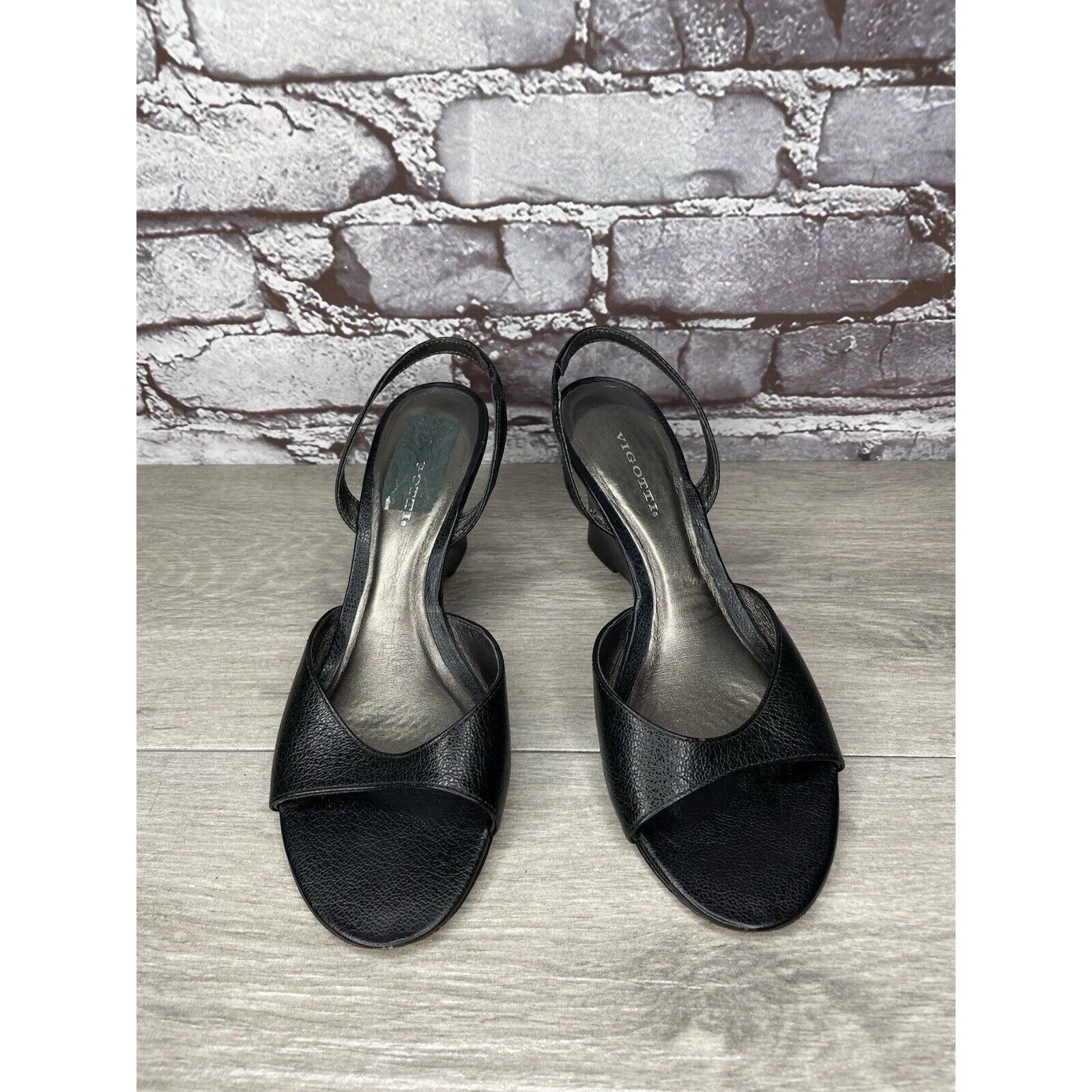 Other Vigotti Black Leather Open Toe Slingback High Wedge Sandals Size US 7 / IT 37 - 10 Thumbnail