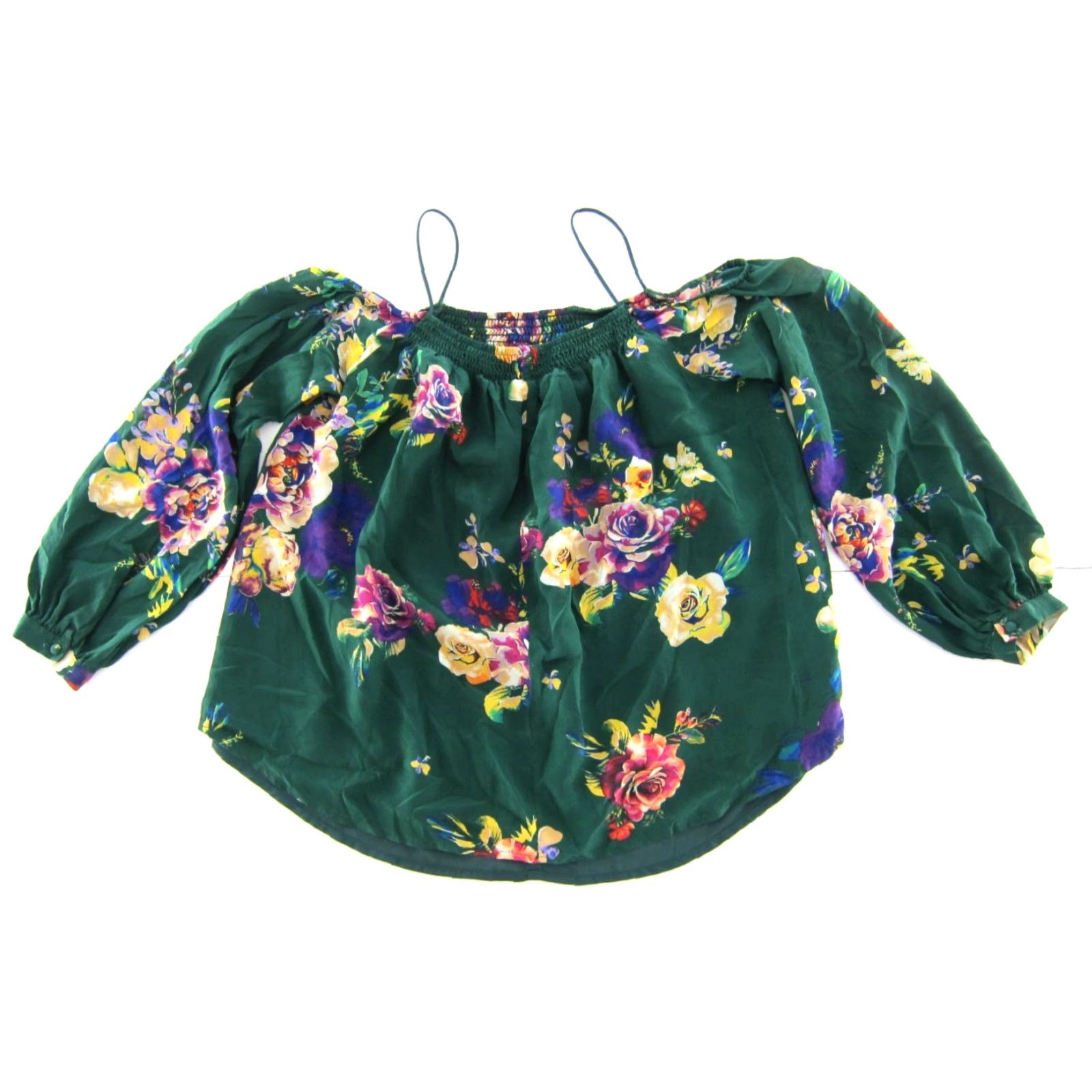 Vintage Maeve Anthropologie 100% Silk Green Pink Floral Off Shoulder Top Blouse XS Blouse Womens Size XS / US 0-2 / IT 36-38 - 2 Thumbnail