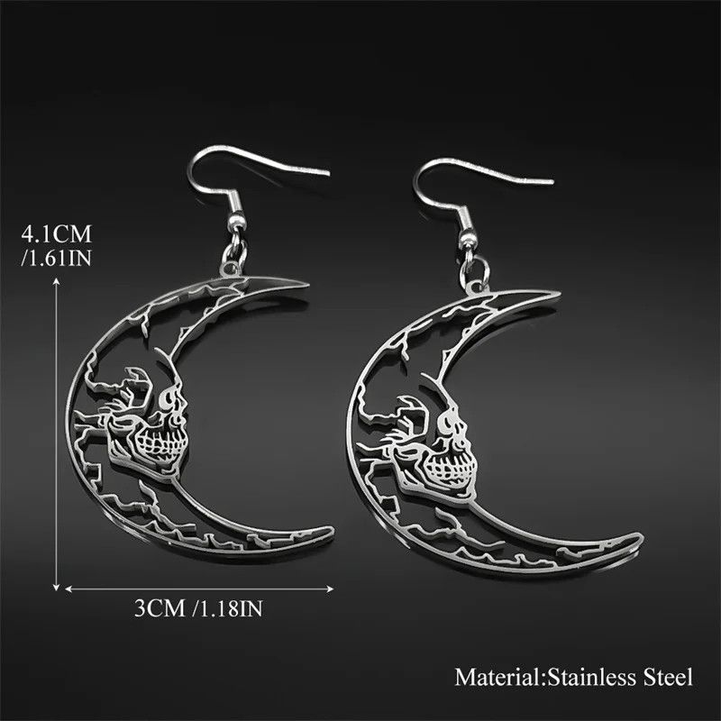 Jewelry Gothic Skull Crescent Moon Drop Earrings Jewelry Gift Size ONE SIZE - 5 Thumbnail