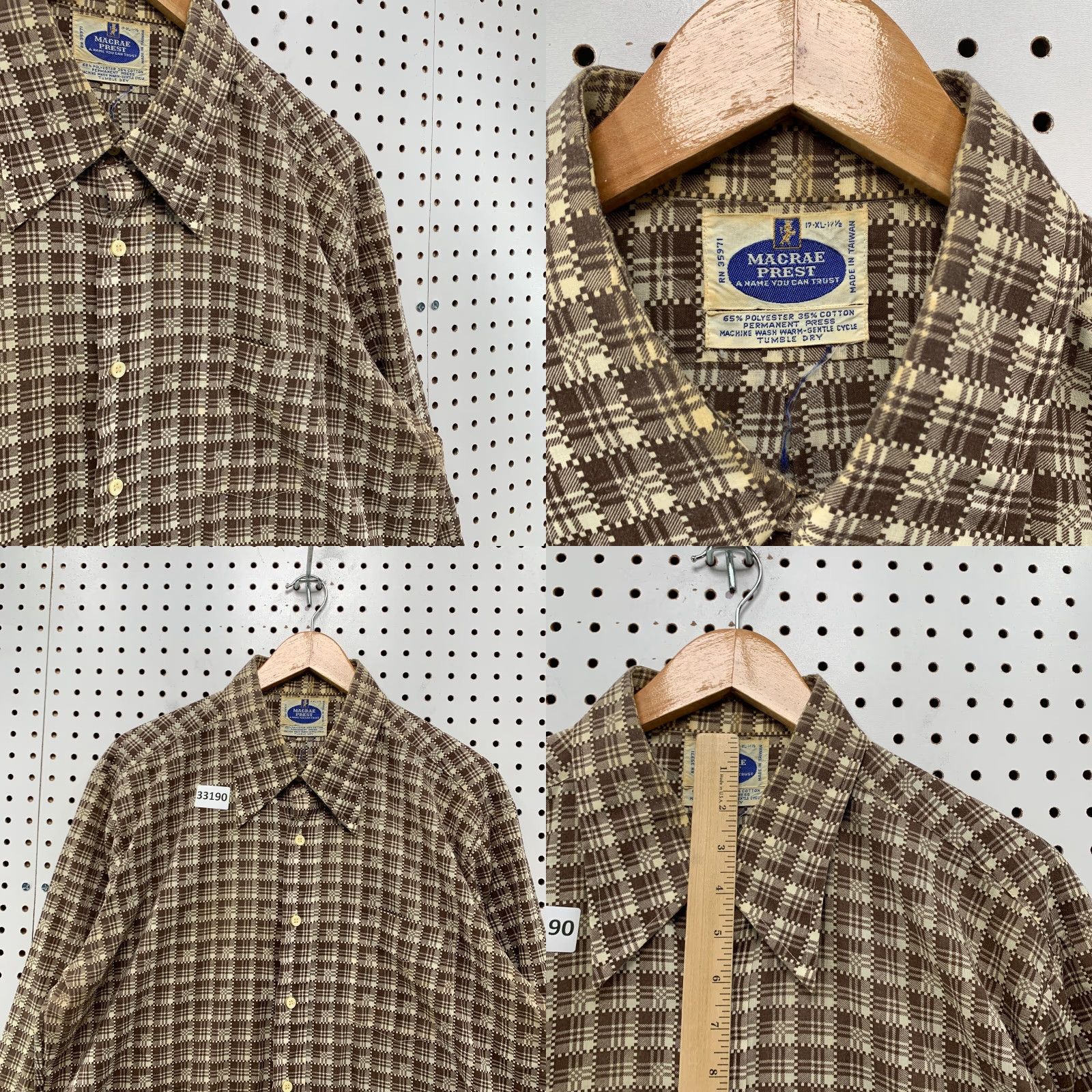 Vintage VINTAGE Macrae Prest Button-Up Shirt Mens XL Plaid Neck 17 25.5x30.5 Beige 70s Size US XL / EU 56 / 4 - 8 Thumbnail