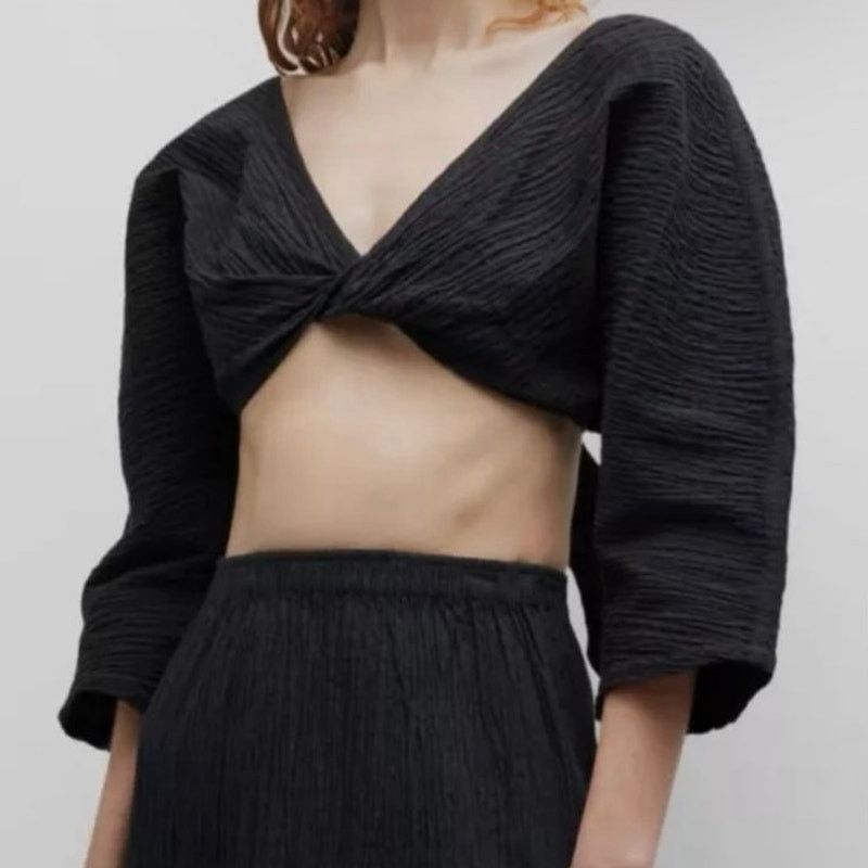 Mara Hoffman Mara Hoffman Justine Twist-Front Cropped Blouse Black sz L Size L / US 10 / IT 46 - 1 Thumbnail