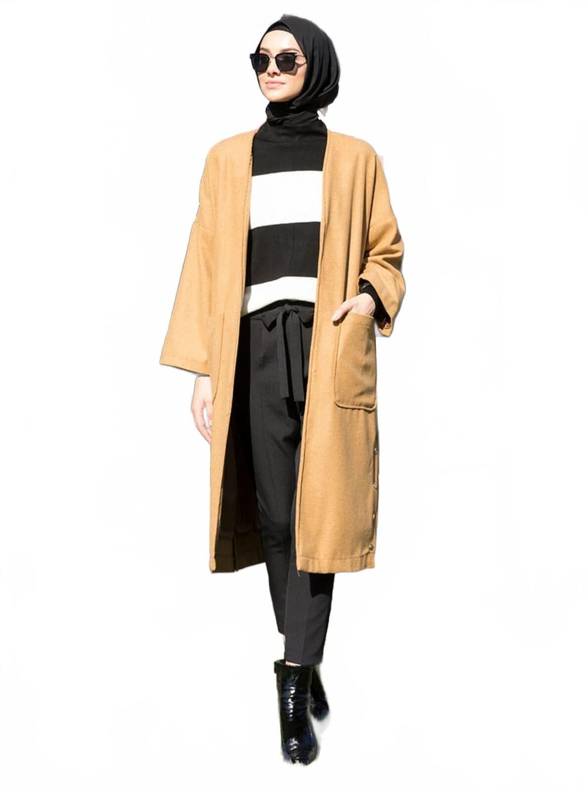 The Unbranded Brand Long Camel Open Front Cardigan Coat with Side Button Detail Size XXL / US 16-18 / IT 52-54 - 1 Thumbnail
