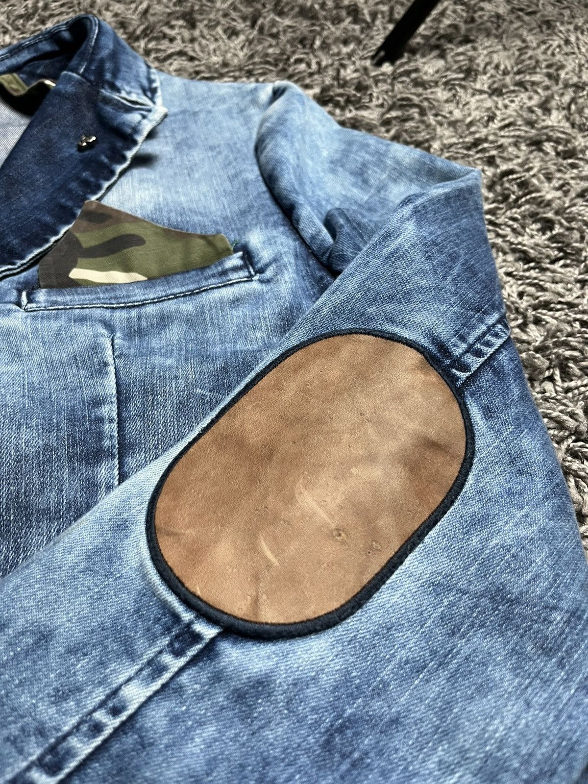 Philipp Plein Philipp Plein Distressed Denim Blazer with Camo Details Size 44S - 6 Thumbnail