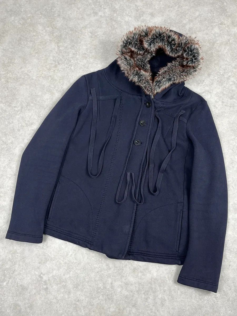 Marithe + Francois Girbaud 2000s Marithé + François Girbaud Navy Fur Hooded Cardigan Jacket Size US M / EU 48-50 / 2 - 4 Thumbnail