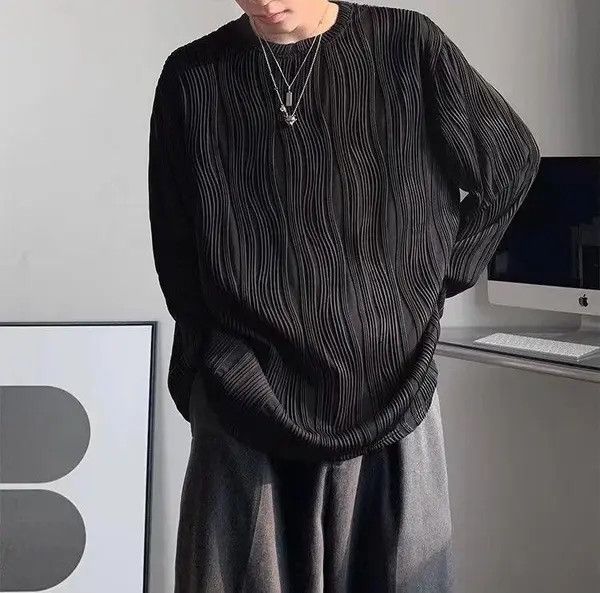 Japanese Brand Hazuki x Gotoh Black Striped Pleated Long Sleeve Pullover Size US L / EU 52-54 / 3 - 4 Thumbnail