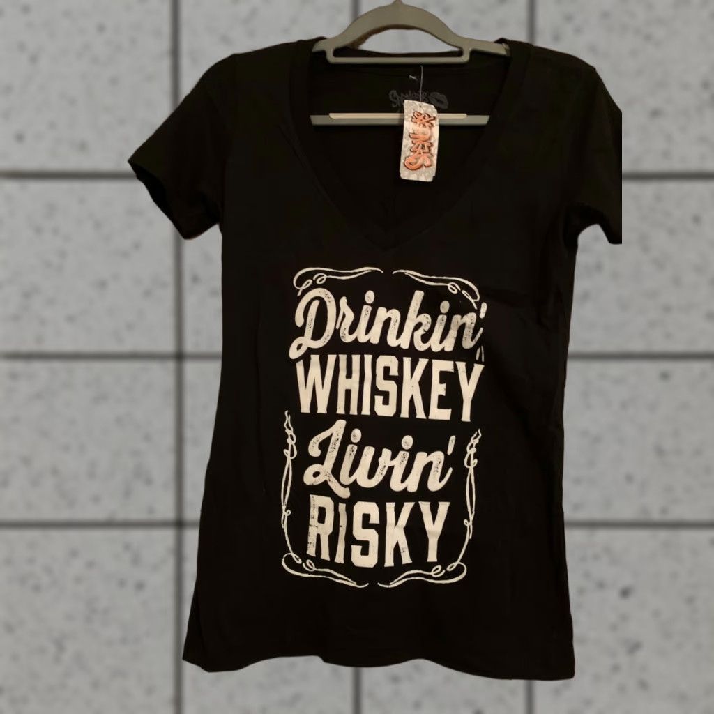 Vintage VINTAGE Black "Drinkin Whiskey Livin Risky Shirt" Womens Spencer's Size Large NWt Size L / US 10 / IT 46 - 1 Thumbnail