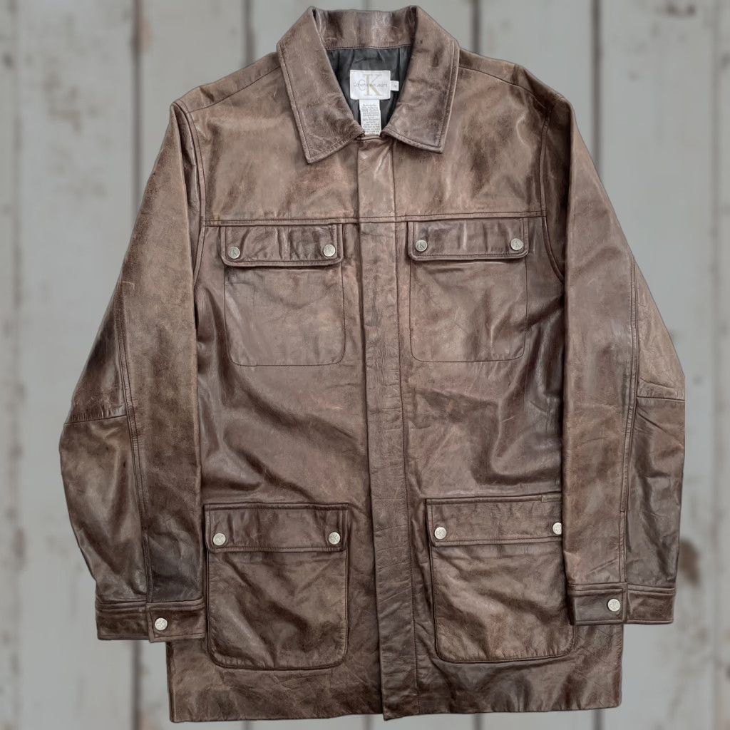 Calvin Klein VINTAGE Calvin Klein Brown Leather Chore Jacket Bomber Motorcycle Men’s Medium Size US M / EU 48-50 / 2 - 1 Thumbnail