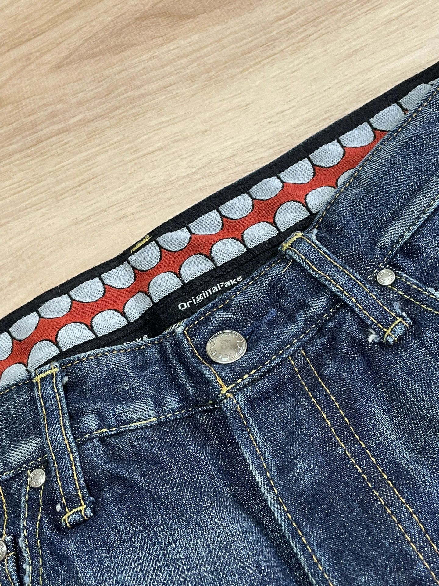 Original Fake OF KAWS Red Waist Washed Jeans New 38.2cm Waist Size US 29 - 5 Thumbnail