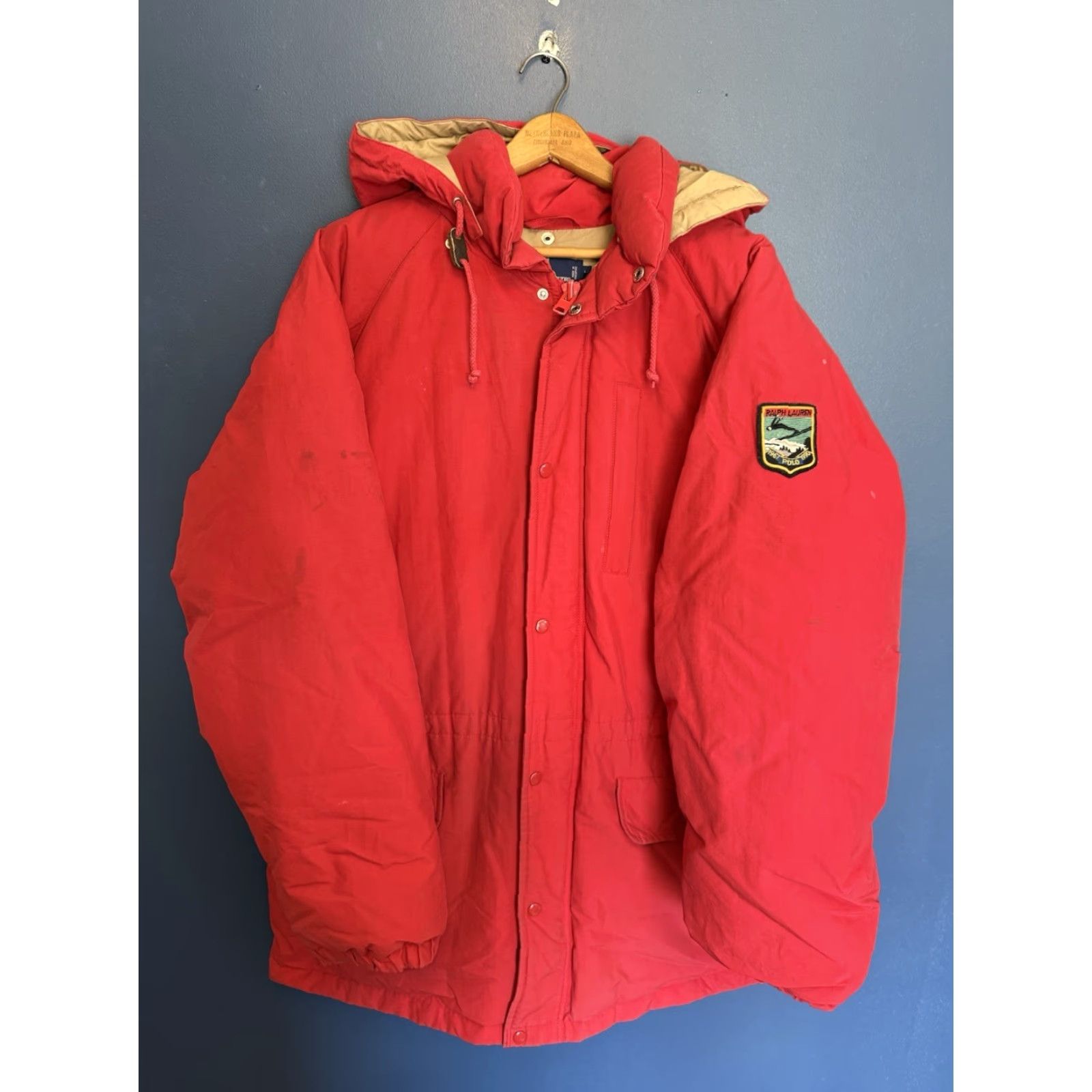 VINTAGE Polo Ralph Lauren Parka Jacket Red Down Nylon Large Men 1990s Su icide Skier