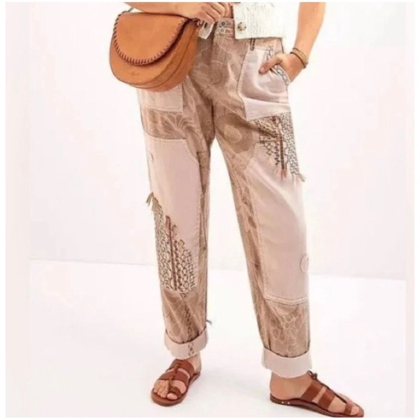 Anthropologie Pilcro Anthropologie Sz 29 Tan Patchwork Embroidered Pants Size 29" - 2 Thumbnail