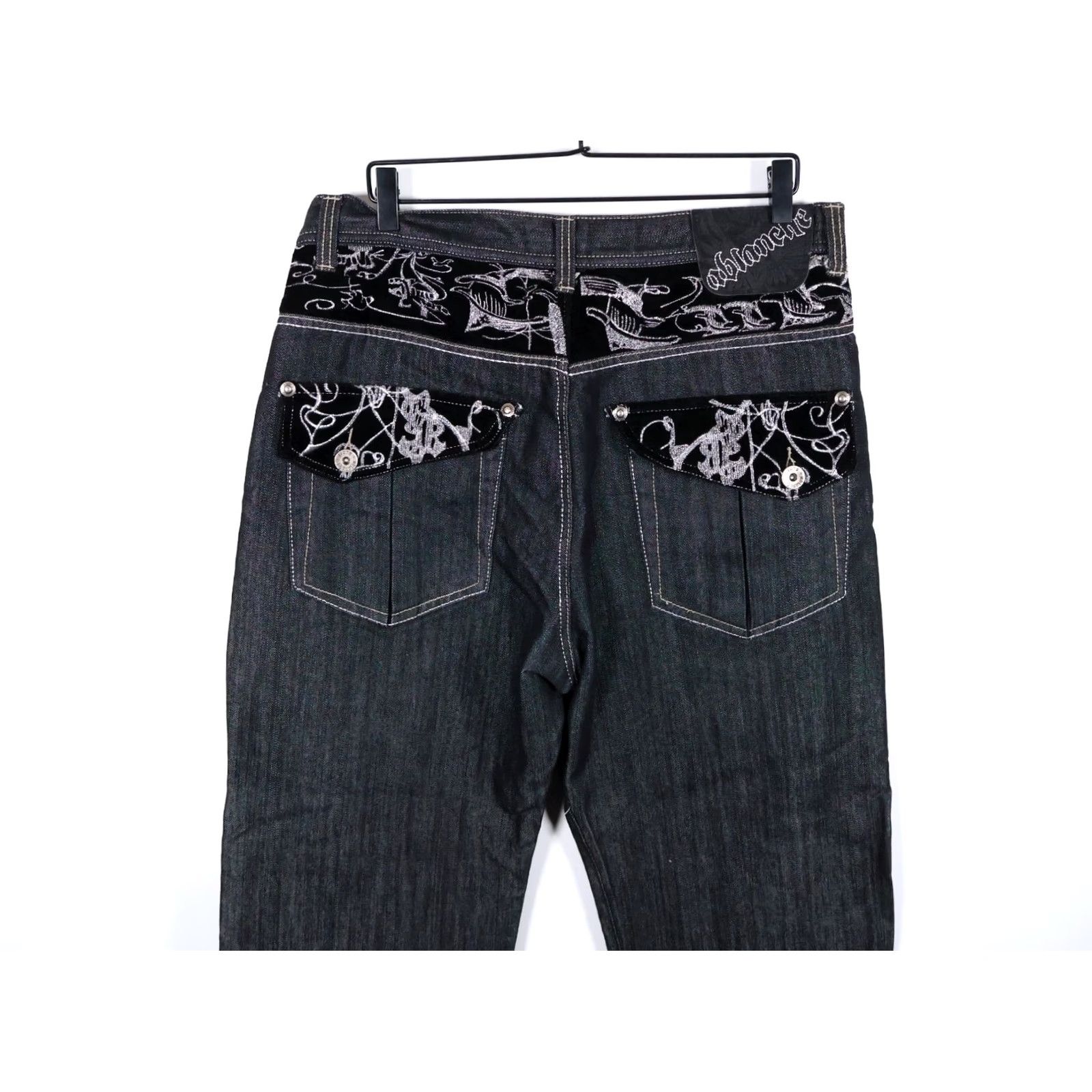Vintage Ablance Vintage Wide Leg Jeans Men's 34 x 32 Black Denim Velvet Pockets Baggy VTG 90s Hip Hop Retro 5-Pocket Style Jeans Mens Size US 35 - 4 Thumbnail