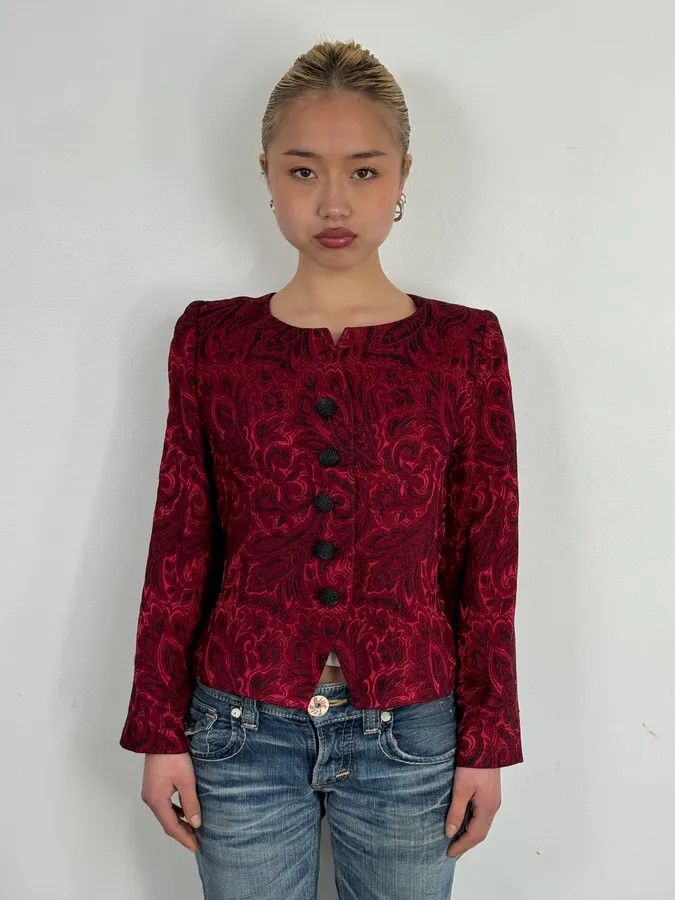 Yves Saint Laurent 1990s Yves Saint Laurent Bordeaux Flowers Cardigan Buttoned Jacket Size S / US 4 / IT 40 - 2 Thumbnail