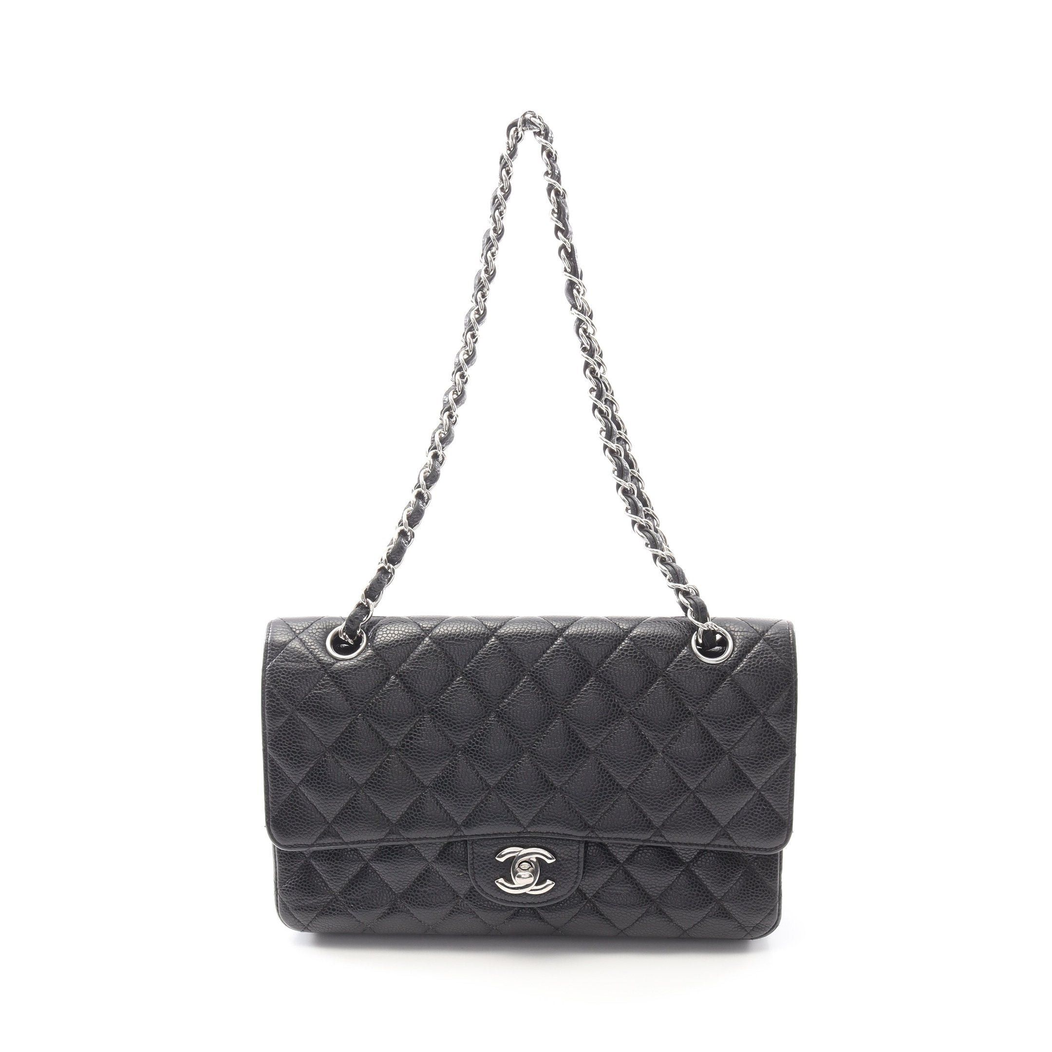 Chanel Matelasse Double Flap Chain Shoulder Bag Caviar Skin Black Silver Hardware