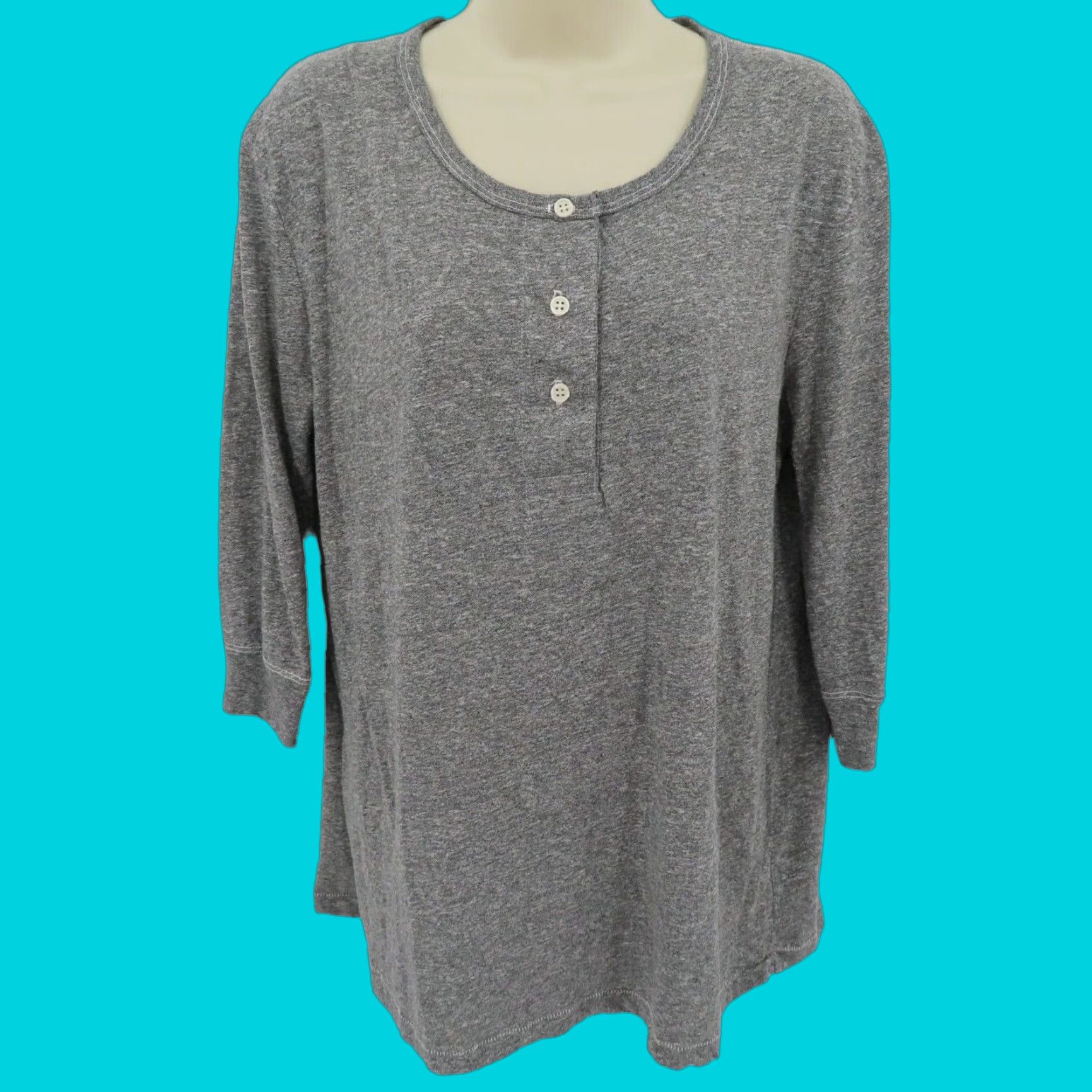 The Great Womens 0 Heathered Gray Henley Shirt 3/4 Sleeves Buttons Cotton Blend Shirt Womens 0 Gray Henley Button Blouse