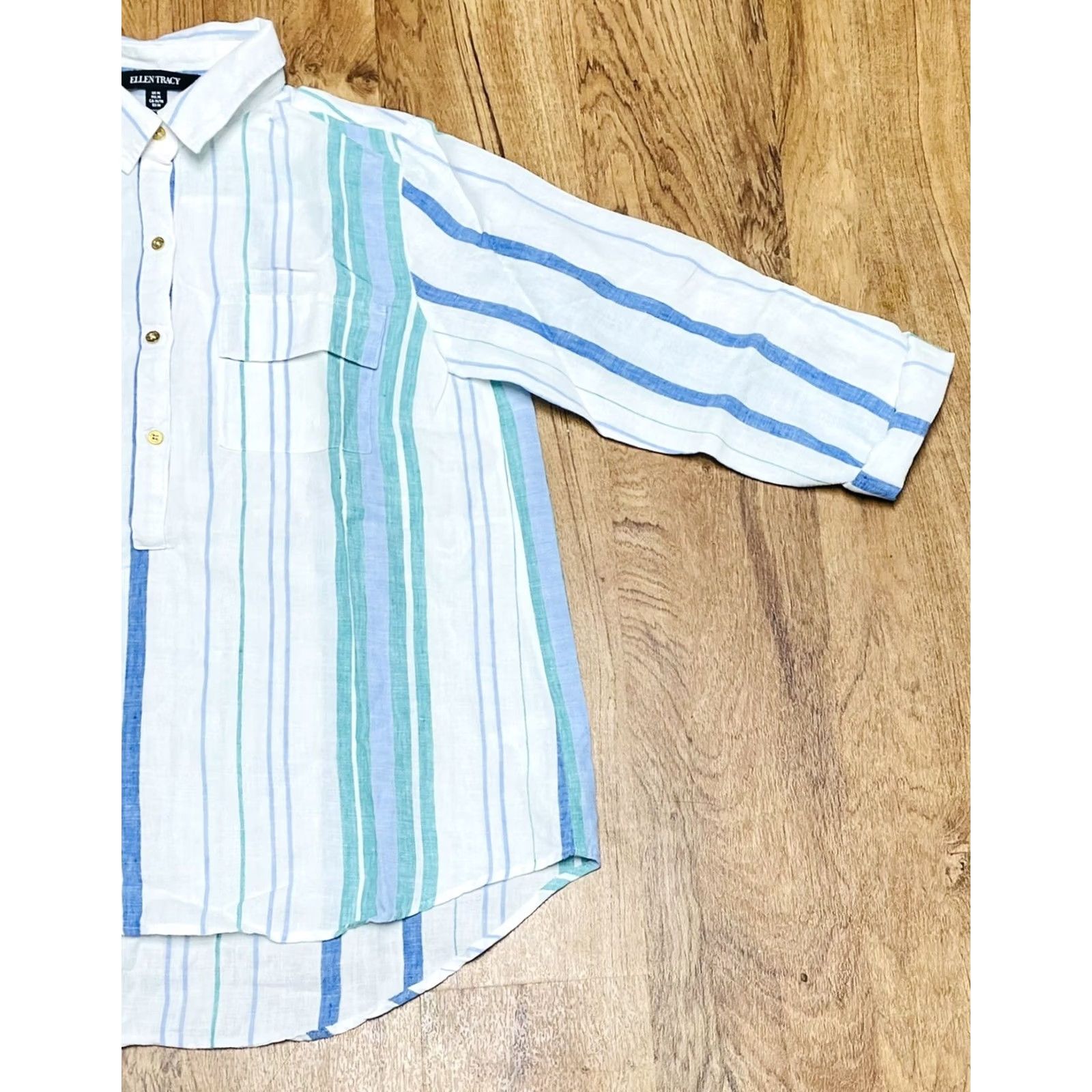 Vintage VINTAGE Ellen Tracy Shirt Womens 3/4 Sleeve Pullover Medium White Blue Green Chambray Buttoned Collar Casual 90s Regular Knit/ Cotton Blend Size M / US 6-8 / IT 42-44 - 5 Thumbnail