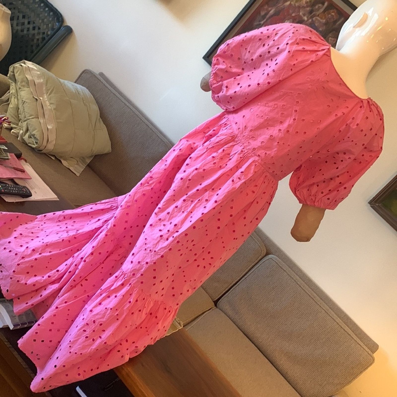 Zara BNWT Zara pink puff sleeve cotton eyelet dress Size L / US 10 / IT 46 - 9 Thumbnail