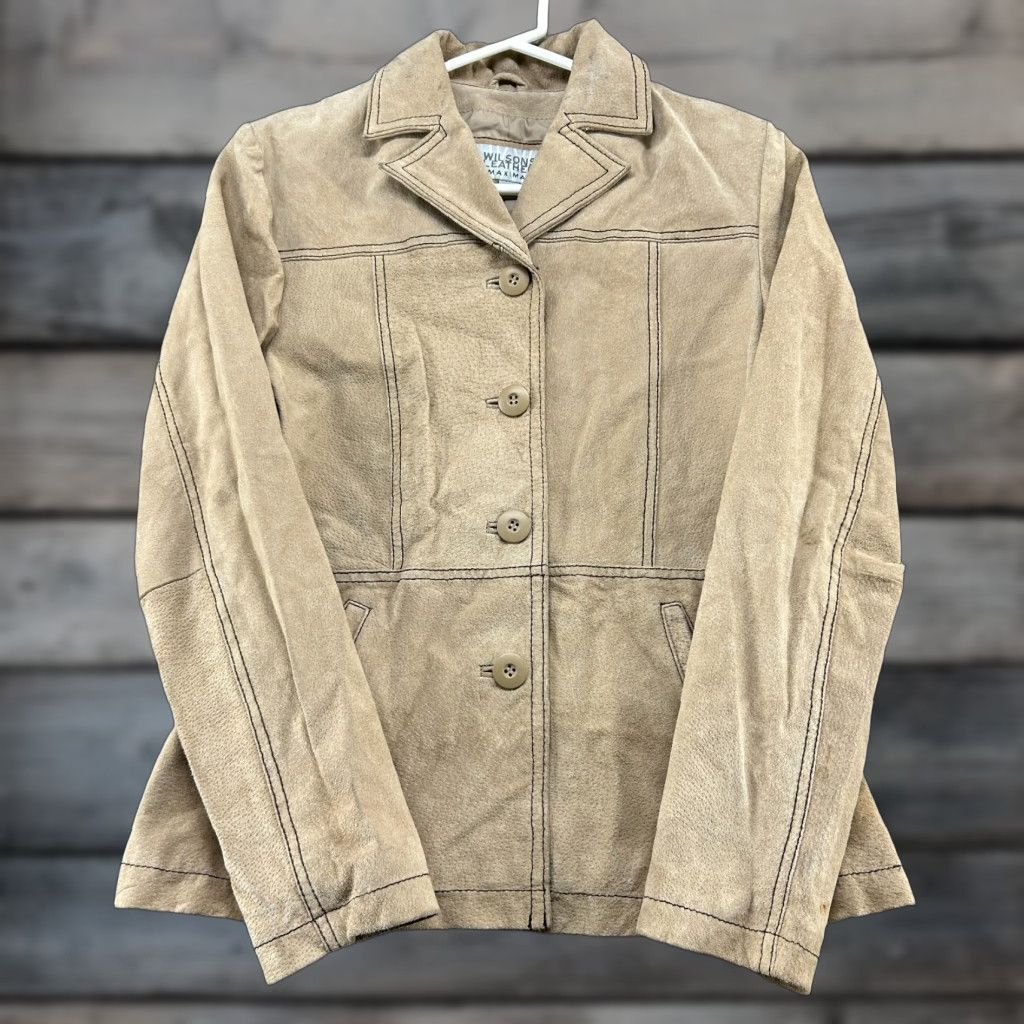 Vintage Wilsons Leather Jacket Womens Small Beige Maxima Suede Pea Coat Solid Zip Jacket Size S / US 4 / IT 40 - 1 Thumbnail