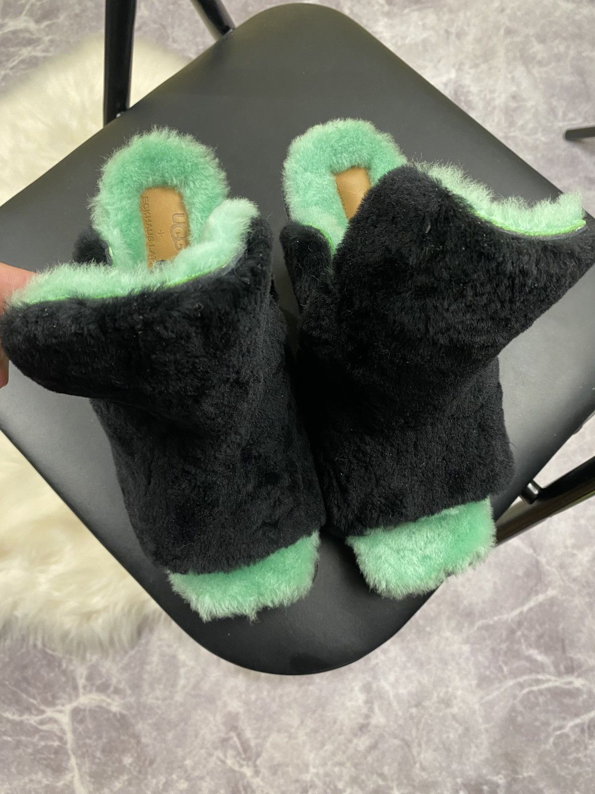 Eckhaus Latta Ugg x Eckhaus Latta Black and Mint Fur Open Toe Heel Mules Size US 7 / IT 37 - 4 Thumbnail