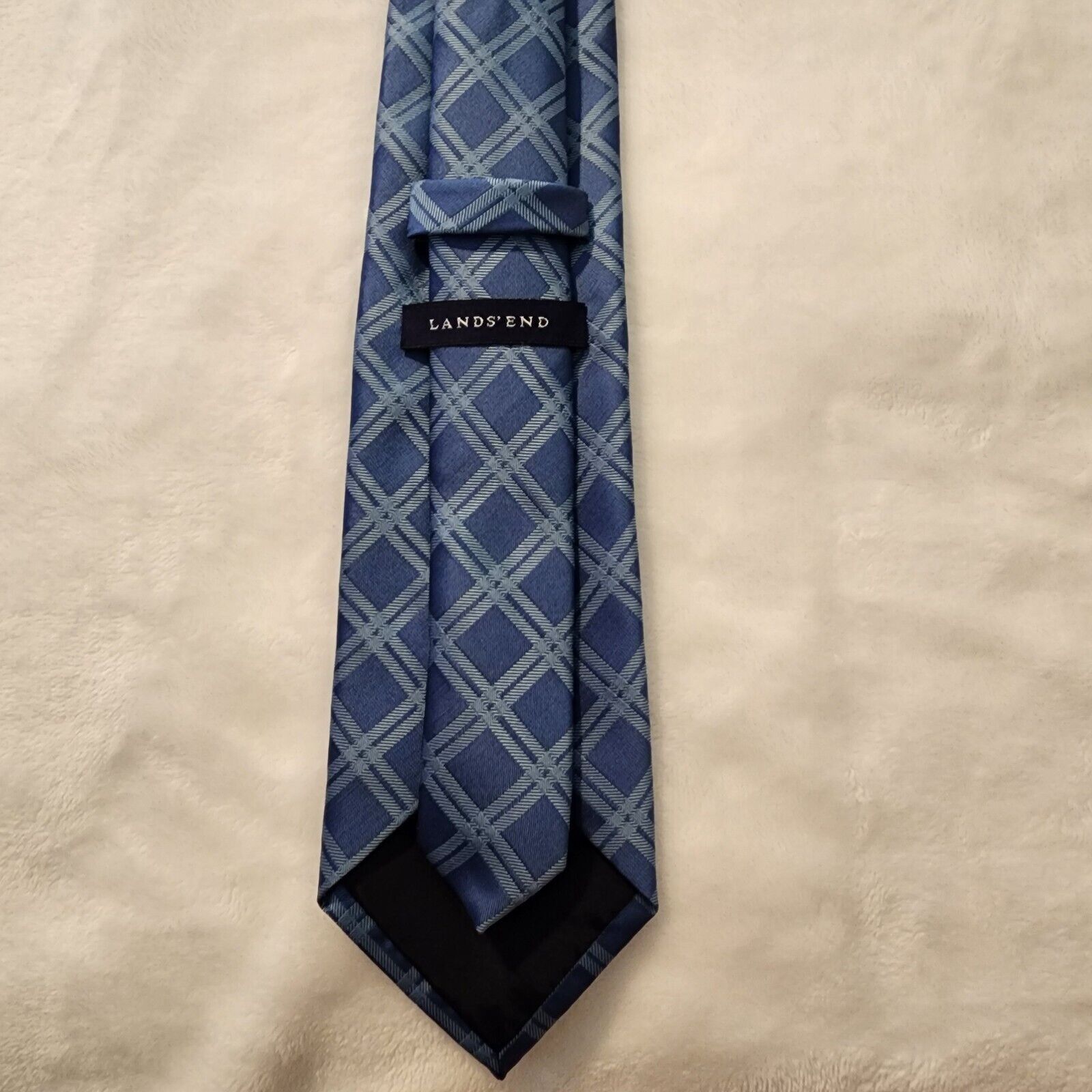 Lands' End Blue Tie with Geometric Check Stripe Standard Size Classic Size ONE SIZE - 5 Thumbnail