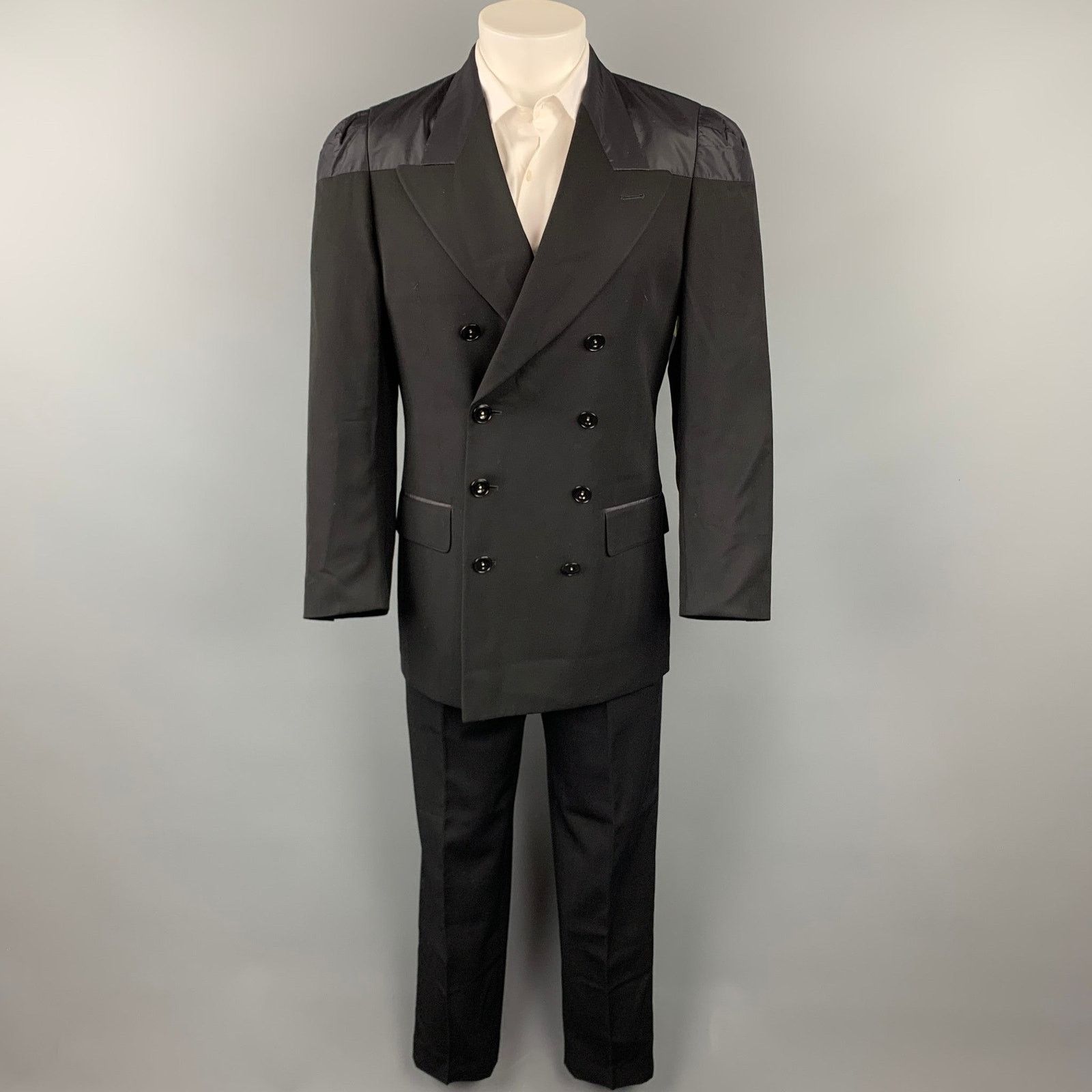 Jean Paul Gaultier 38 Black Wool Peak Lapel Double Breasted Suit Size 38R - 2 Thumbnail
