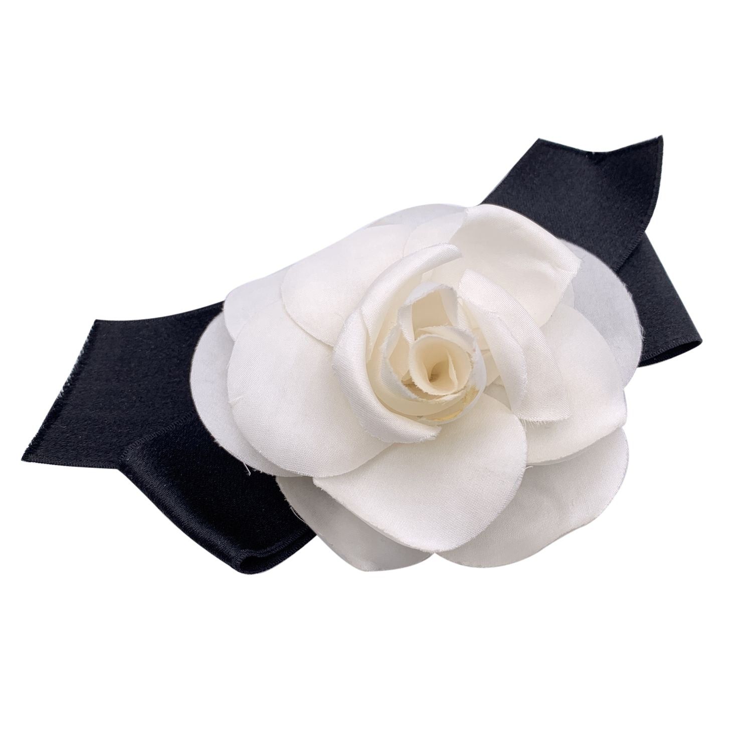 image of Chanel Vintage White Silk Black Satin Bow Camellia Camelia Brooch, Women's