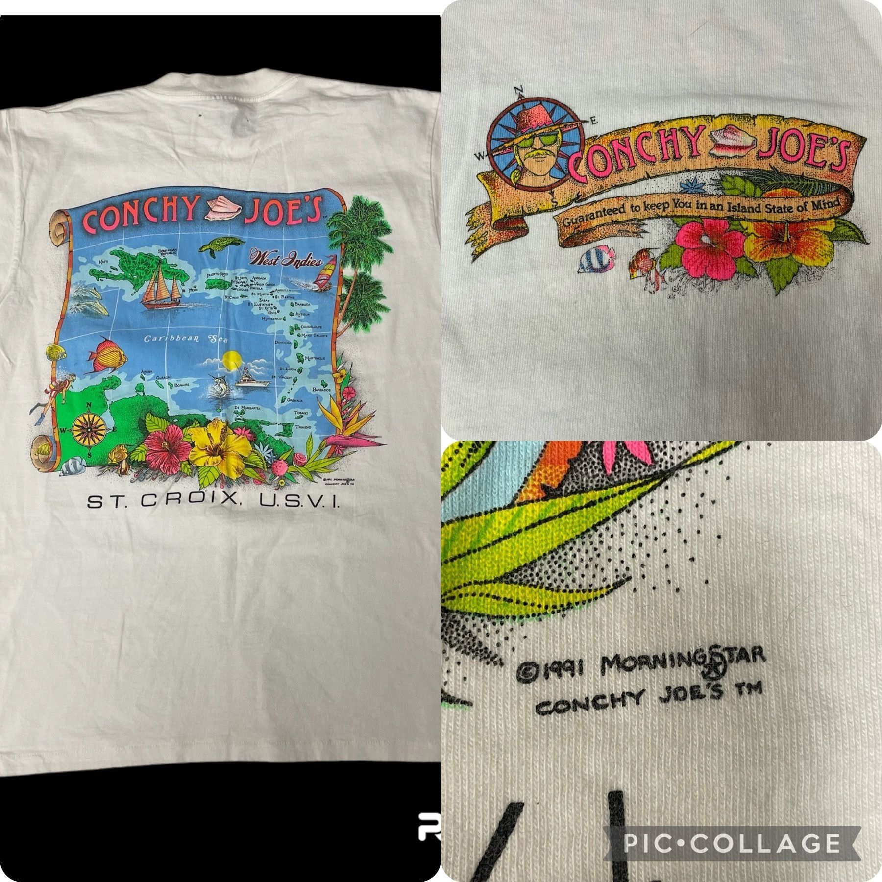image of Unkwn 90's Oneita Conchy Joes Island State Of Mind Neon Surfer Tee in White, Men's (Size Large)