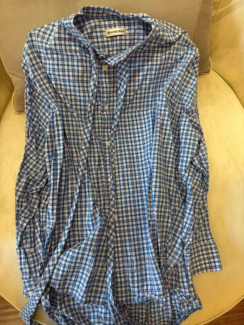 Balenciaga Balenciaga Blue Plaid Long Sleeve Shirt Size XS / US 0-2 / IT 36-38 - 1 Thumbnail