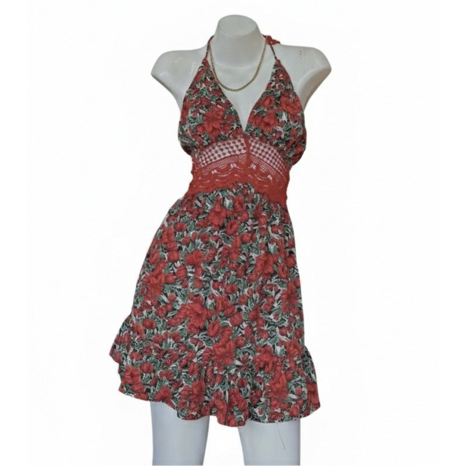 Other Women Red Floral Crochet Lace Halter Backless Mini Sundress Size XL / US 12-14 / IT 48-50 - 6 Thumbnail