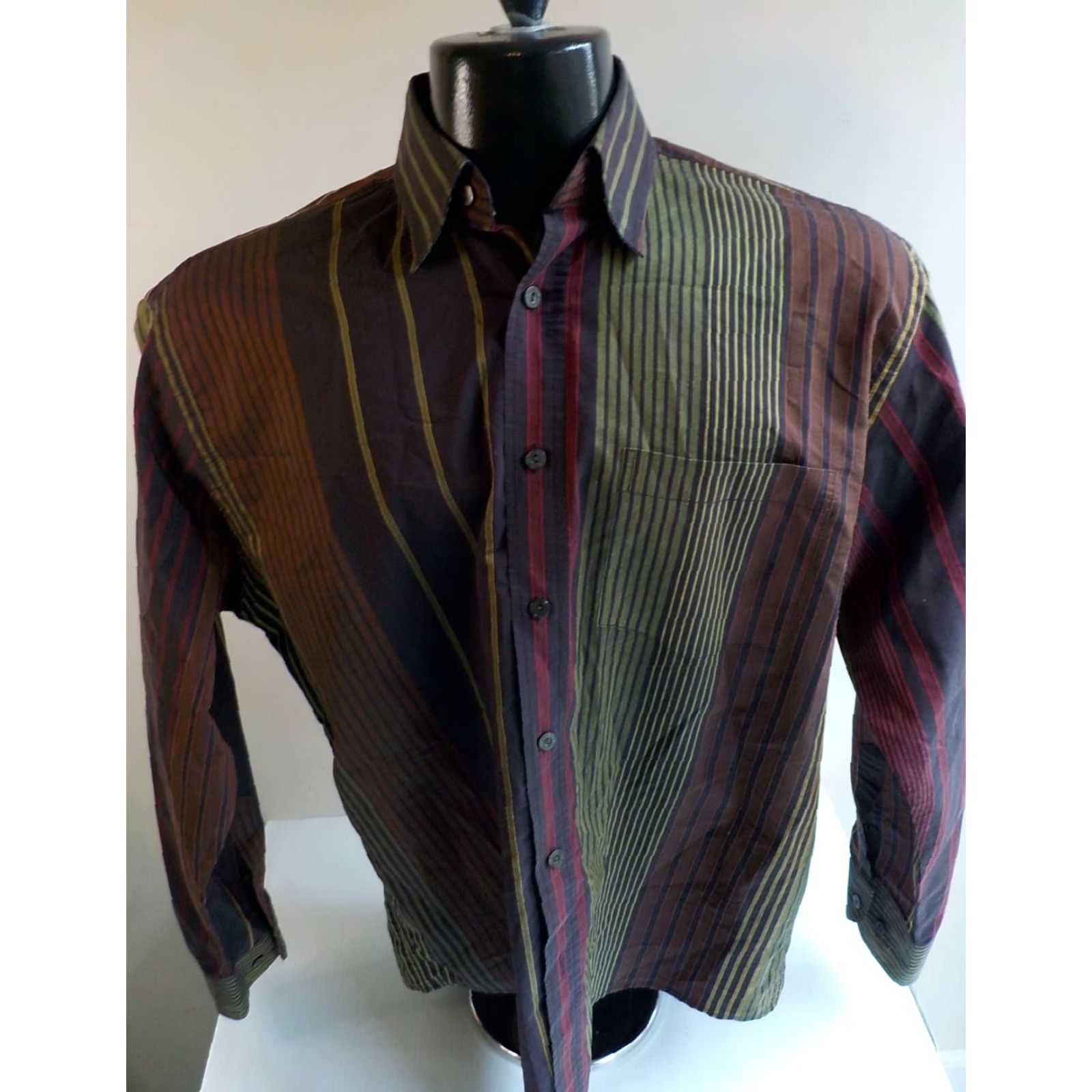 BUGATCHI BUGATCHI Uomo Striped Long Sleeve Shirt SZ S Purple Green Red Yellow Size US S / EU 44-46 / 1 - 2 Thumbnail